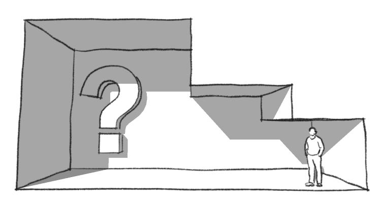 illustration of a man standing under stairs, a big question mark