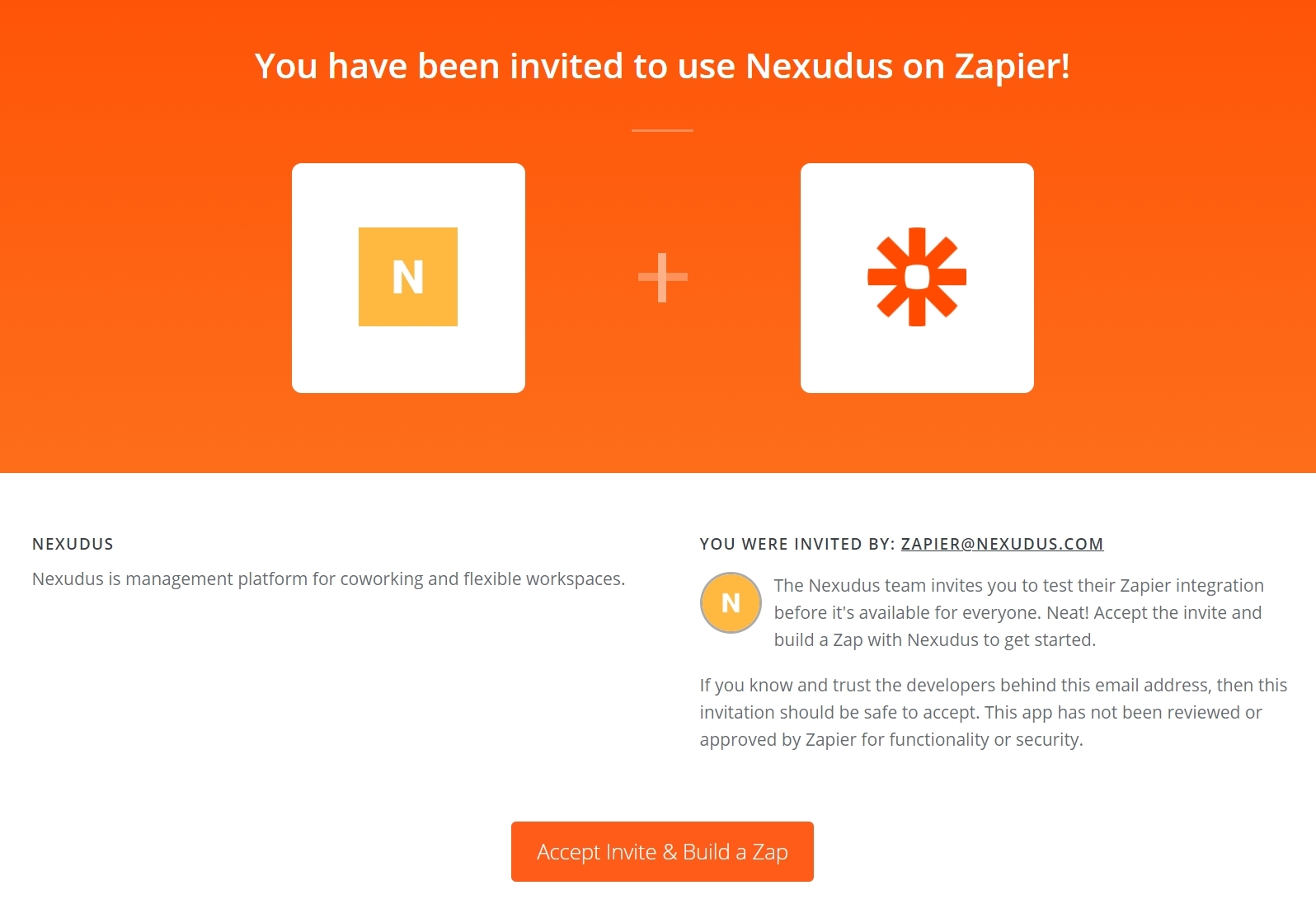 screenshot invitation to use nexudus on zapier