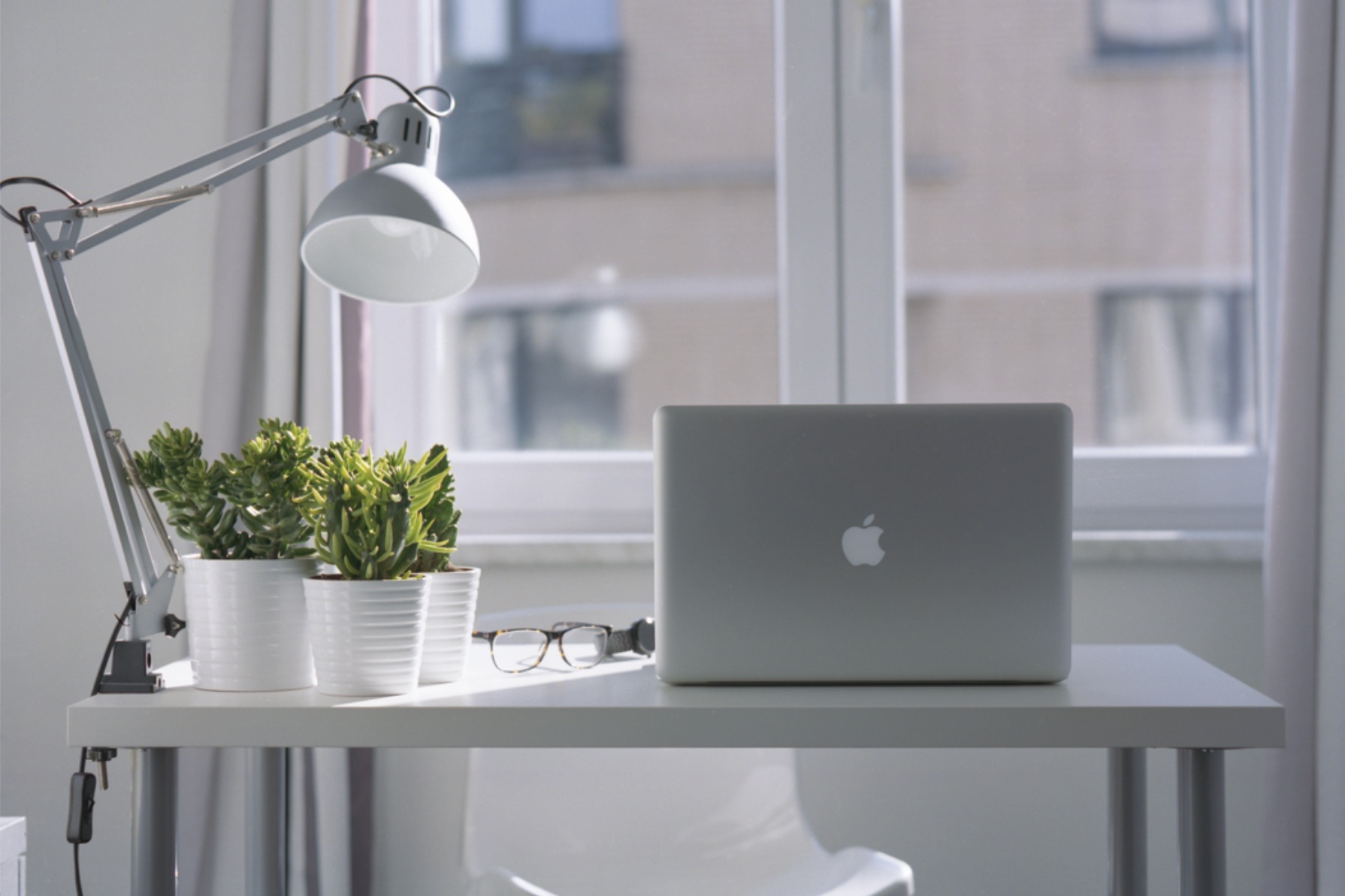 a desk with a lamp, few small plants and a laptop