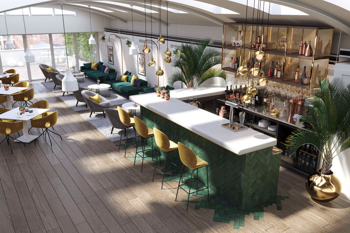 an empty coworking office with a bar