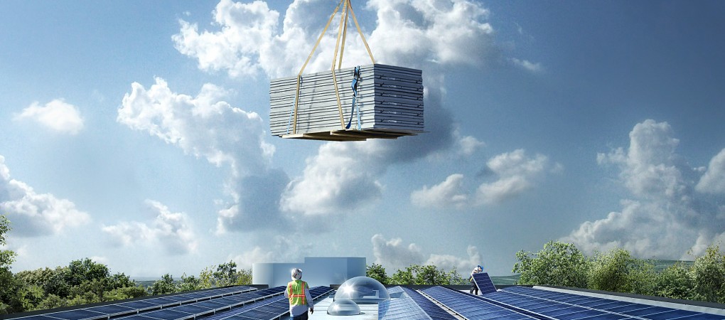 construction workers installing solar panels