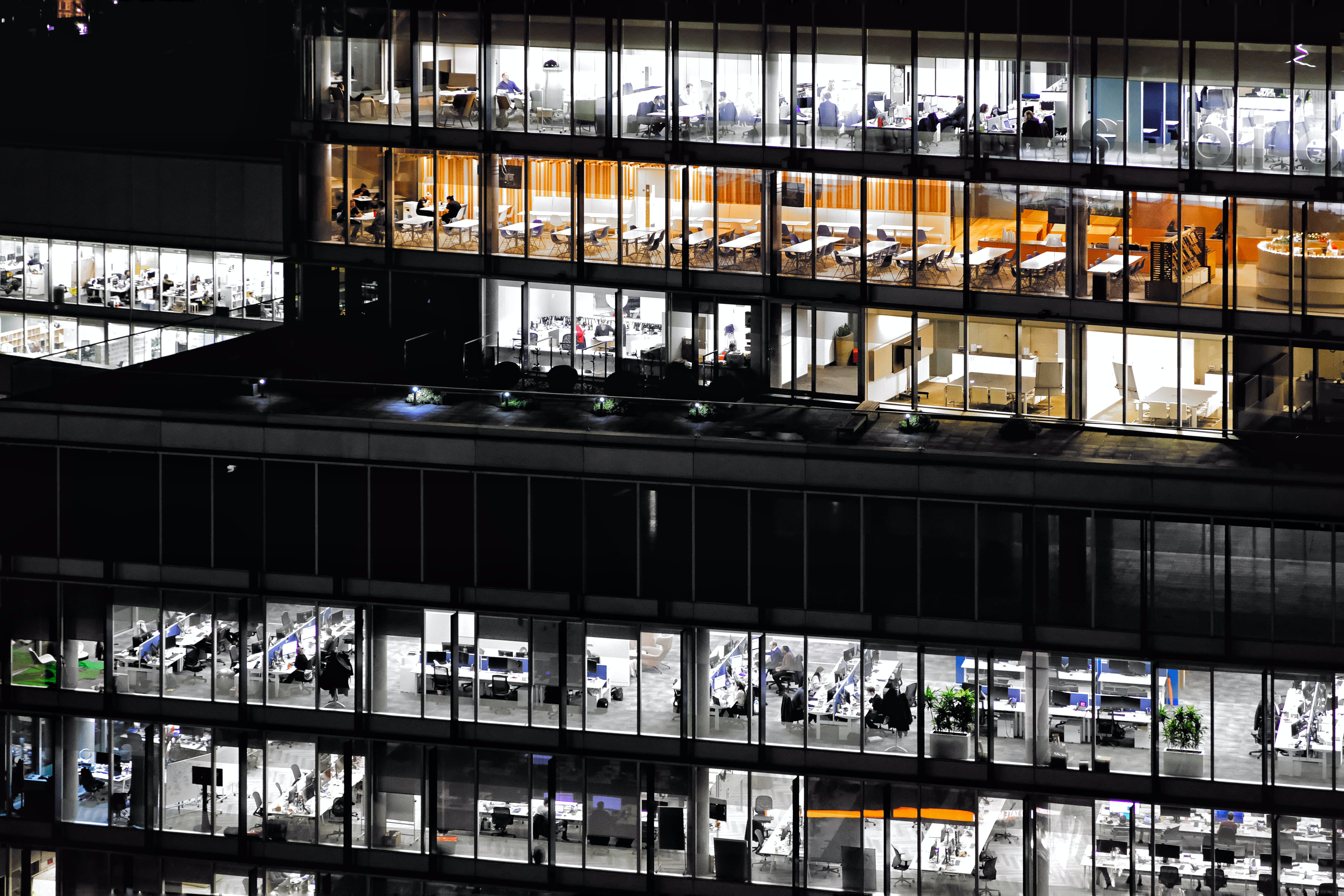 an office building from the outside at night