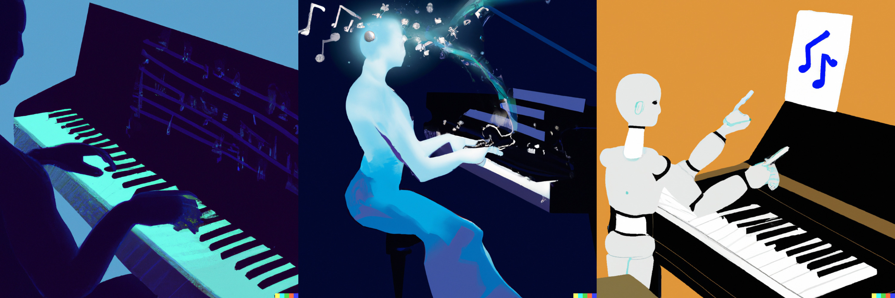 illustration of people and robots playing piano