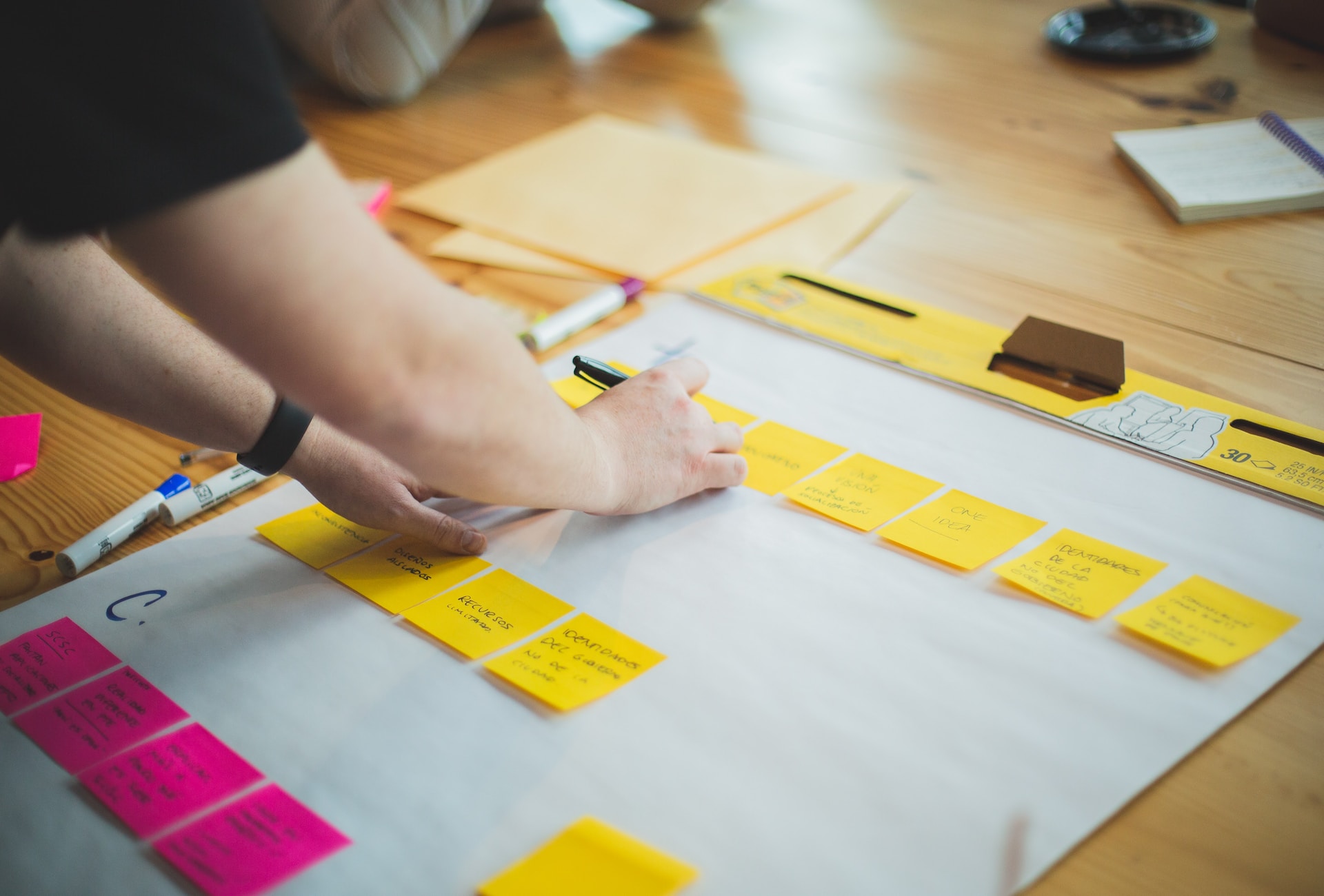 woman writing on post it notes