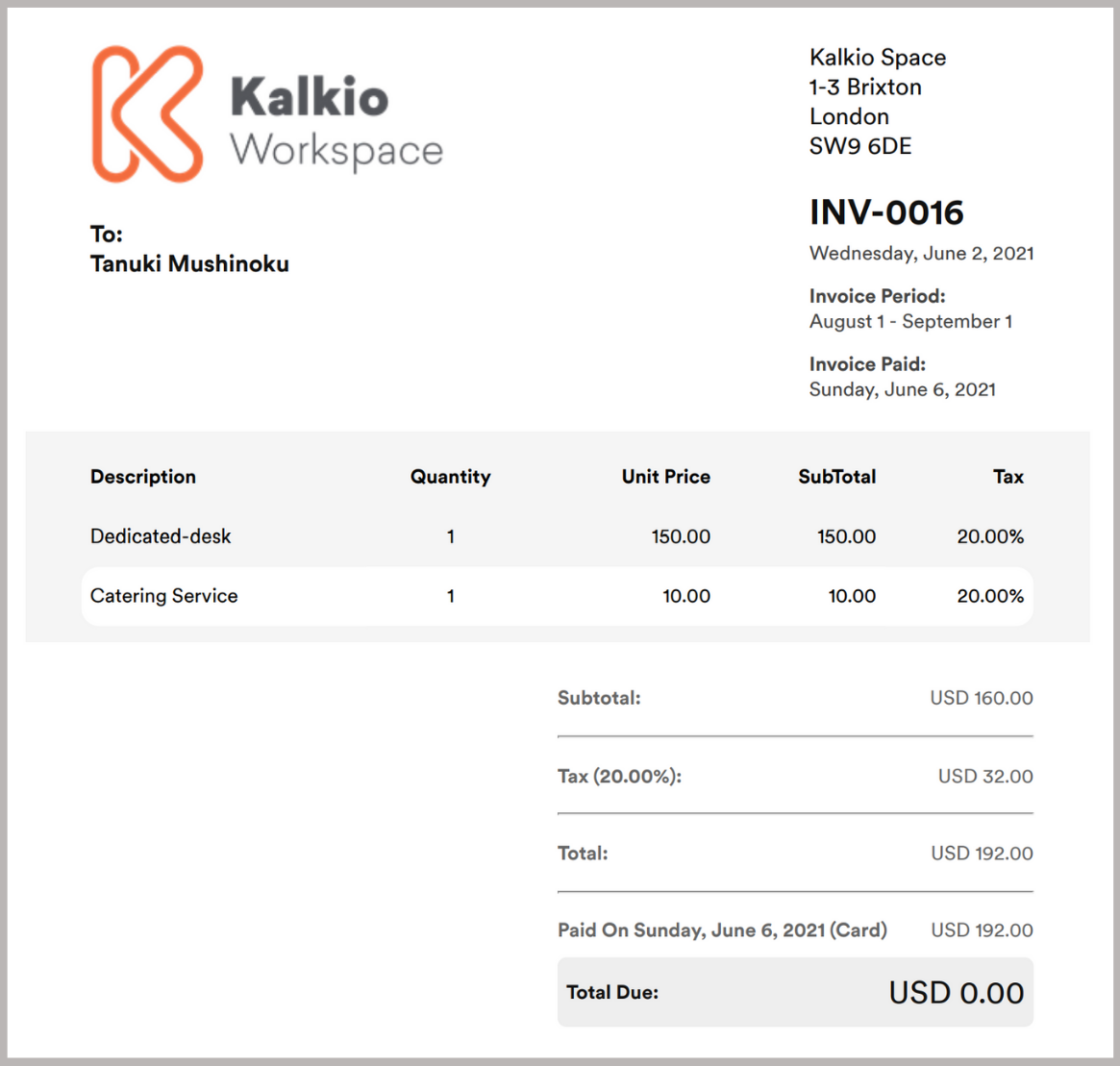 kalkio workspace invoice