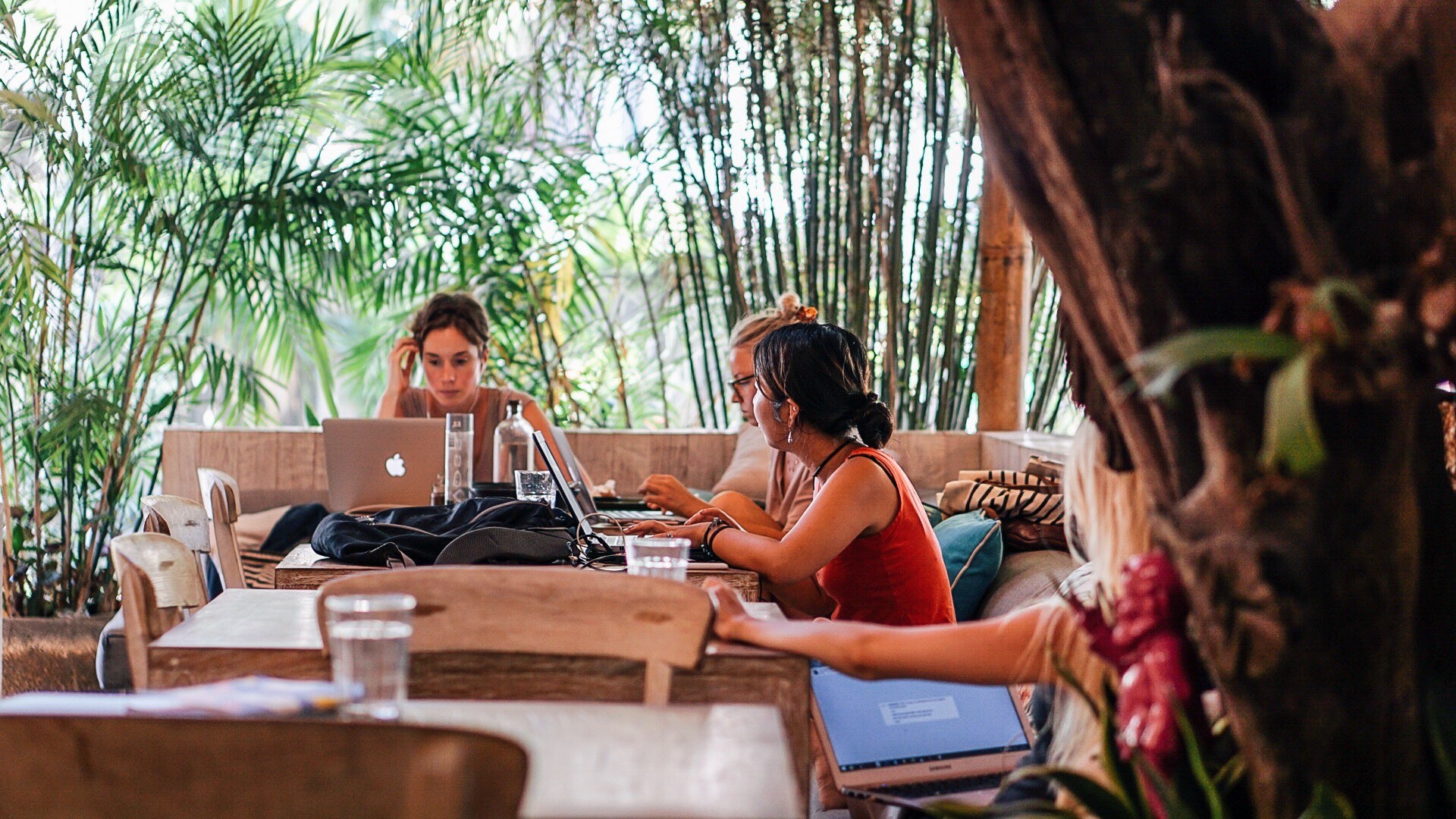 women working from a coworking office with a tropical garden