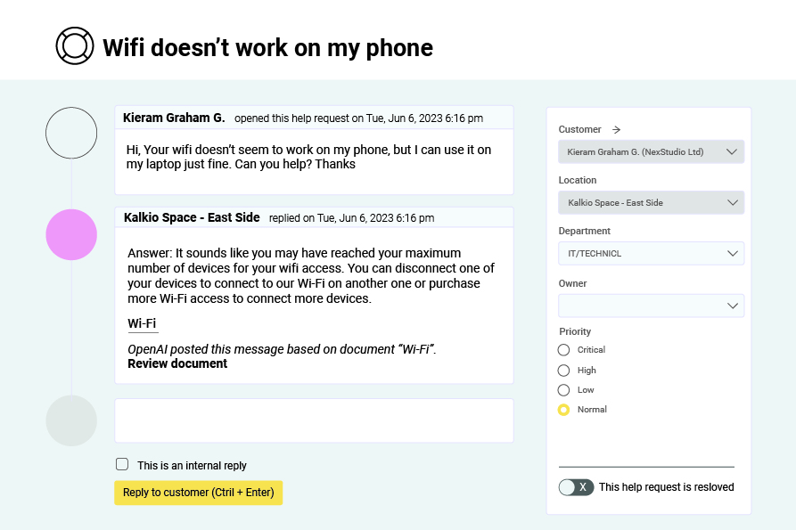 chat support screenshot: wifi doesn't work on my phone