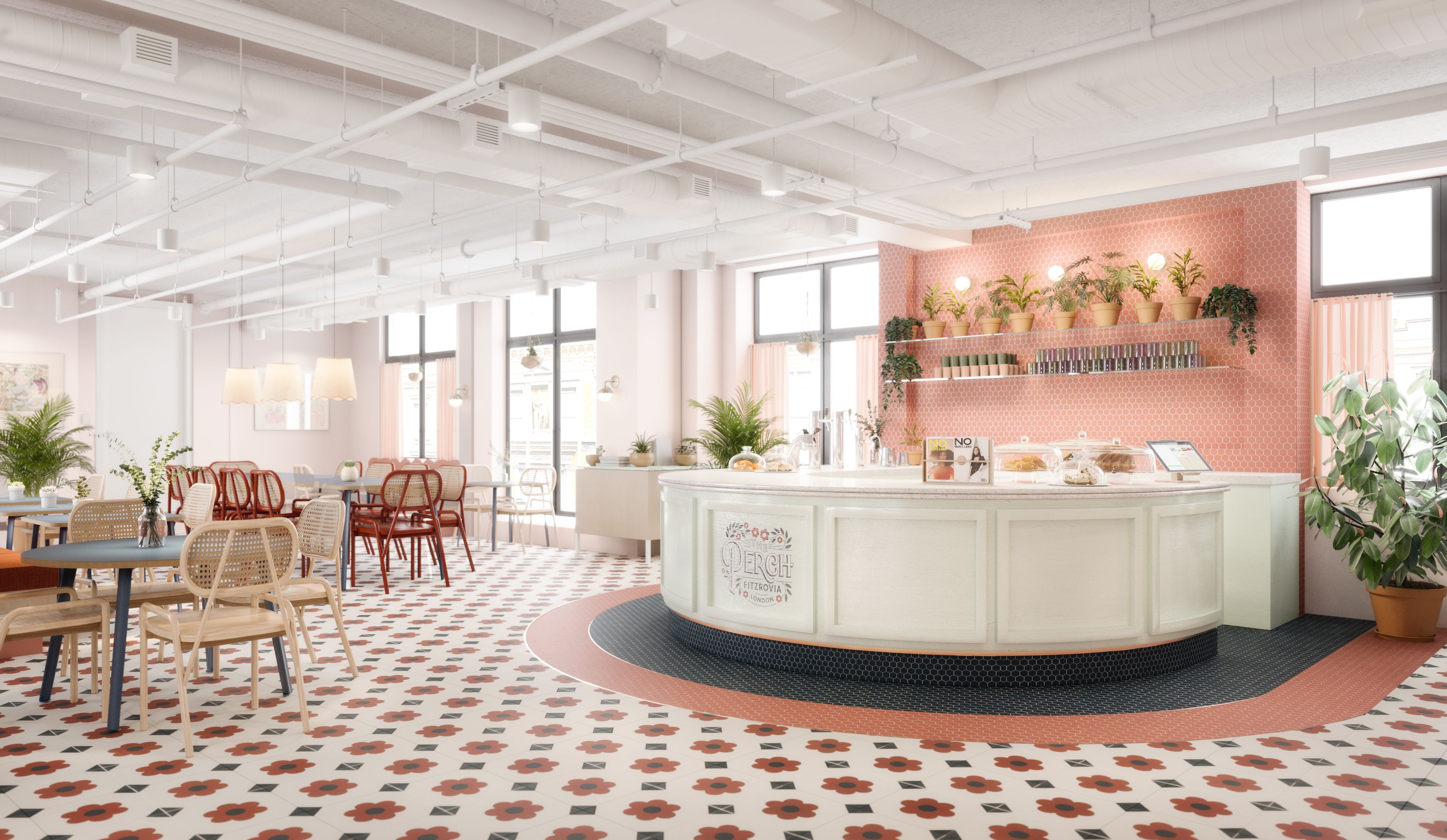 an empty coworking space with a bar