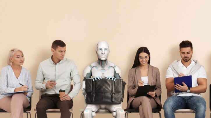a row of people sitting in front of a wall with a robot seated in the centre