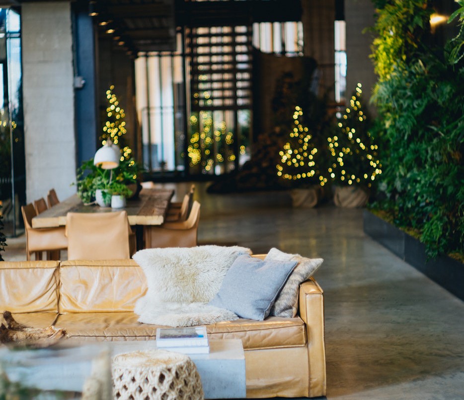 a coworking space with Christmas decorations