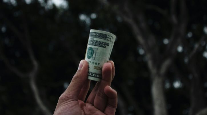 A hand holding some dollars rolled up