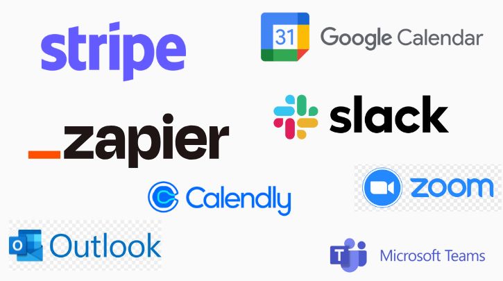 Logos of all the tech that Nexudus intergates with including Slack, Google Calendar, Stripe, Zapier