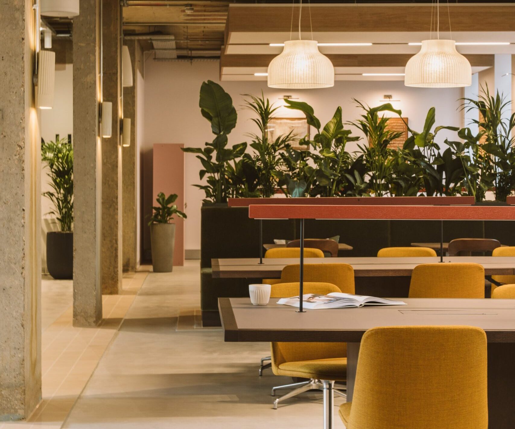 Queens-House with felt chairs, concrete pillars and plants