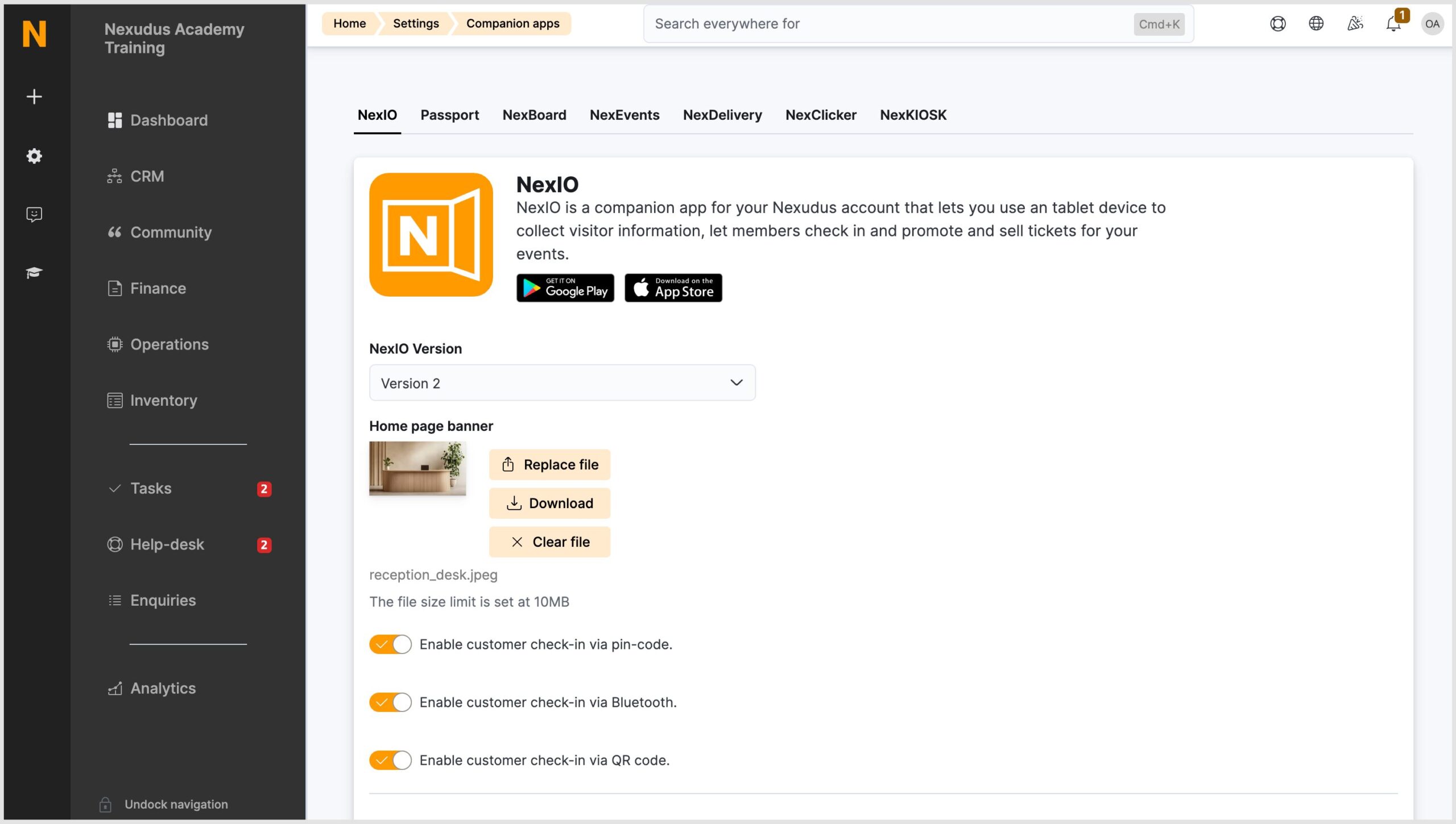 Nexudus Admin Panel Settings