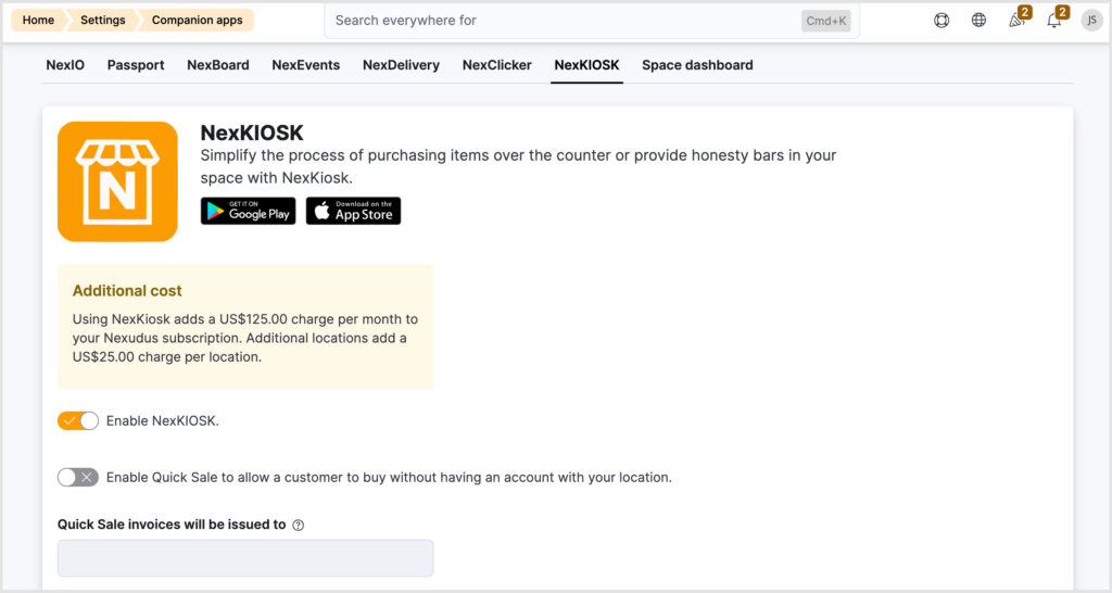 Screenshot of the Nexudus Admin Panel. Settings > Companion apps > NexKiosk