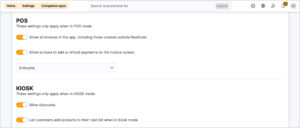 Screenshot of the Nexudus Admin Panel. Settings > Companion apps > NexKiosk > POS and Kiosk sections