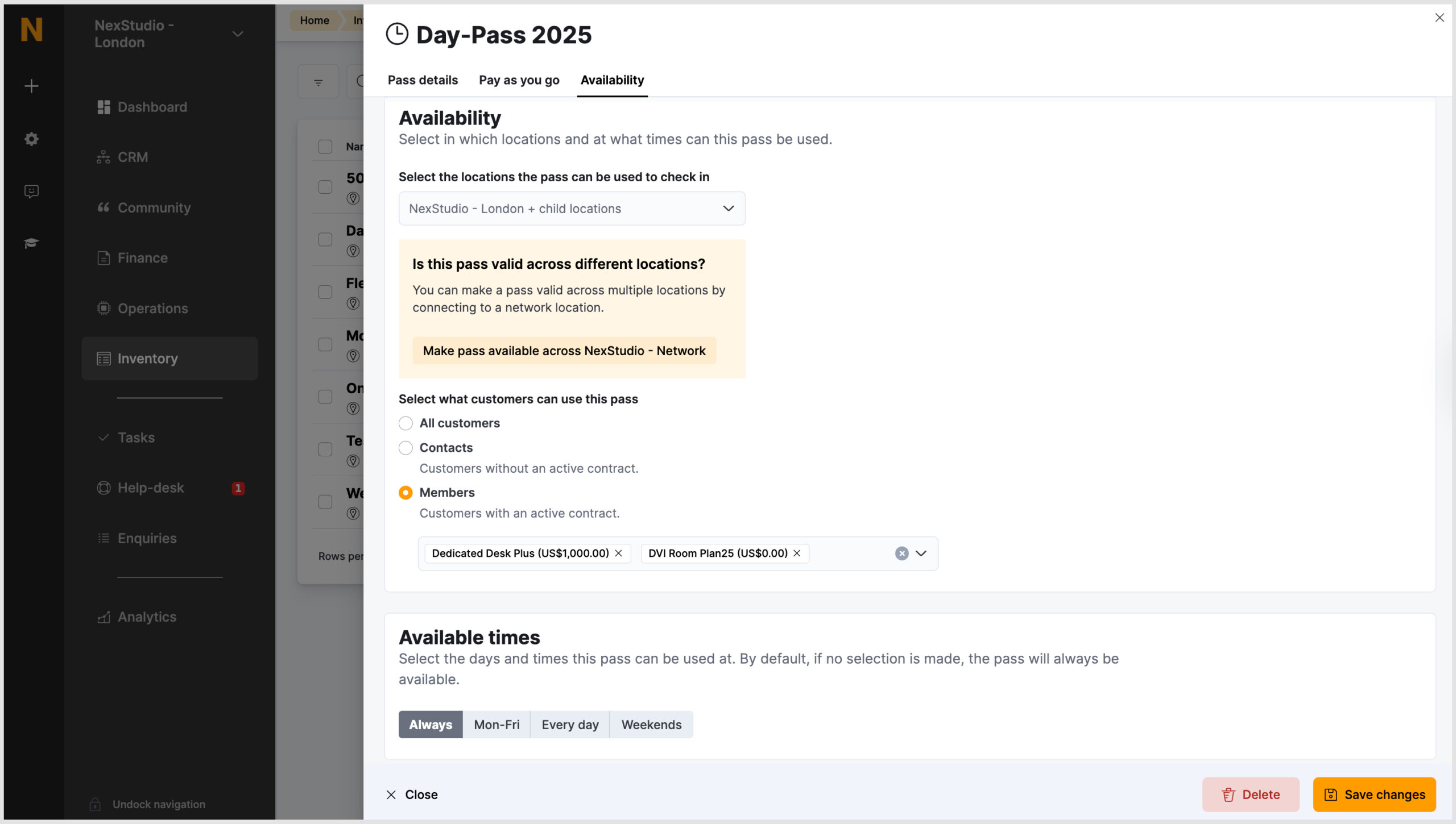 Nexudus Admin Panel > Inventory > Passes > Select Pass > Availability tab