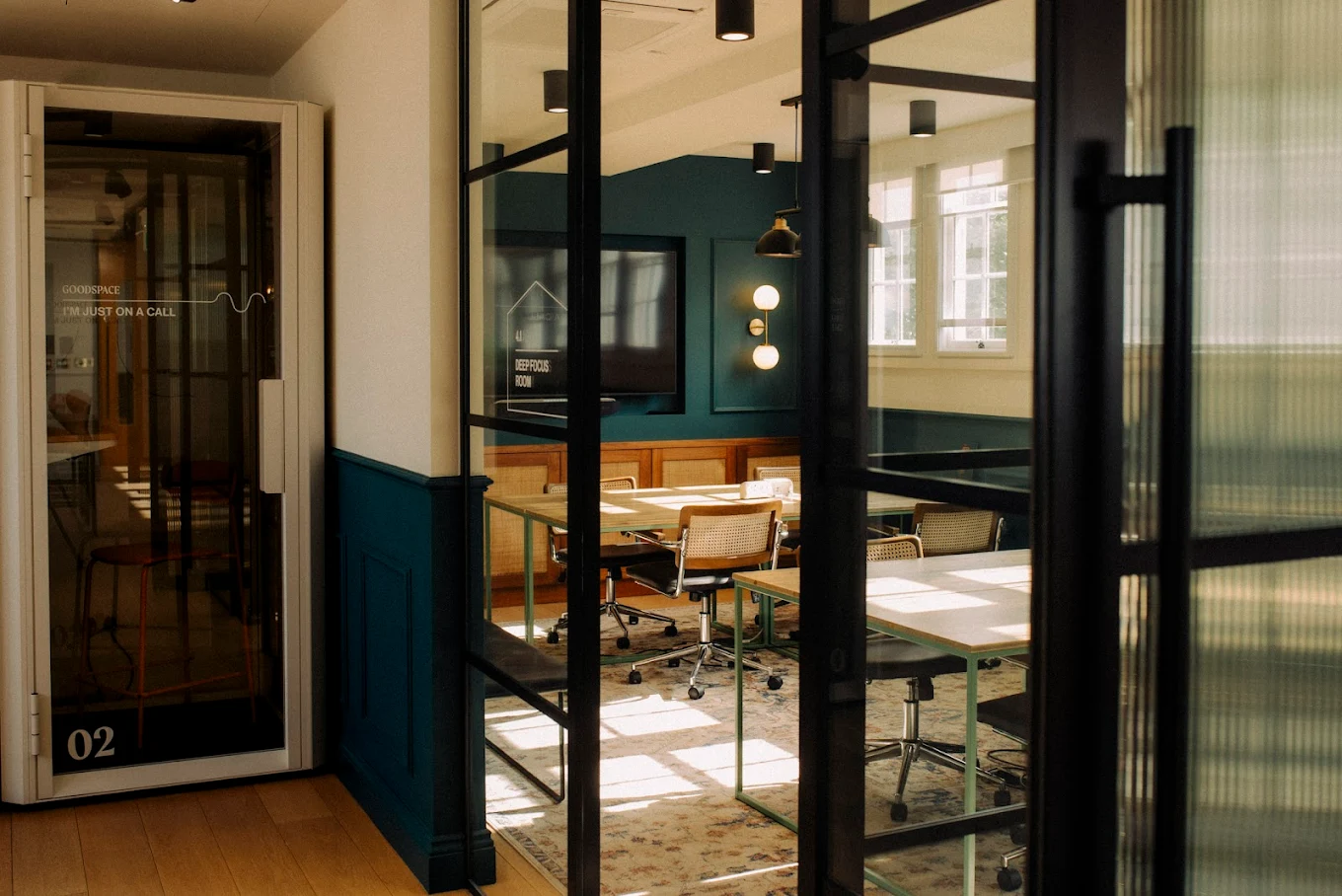 Interior of Good Space in Islington with black framed office doors