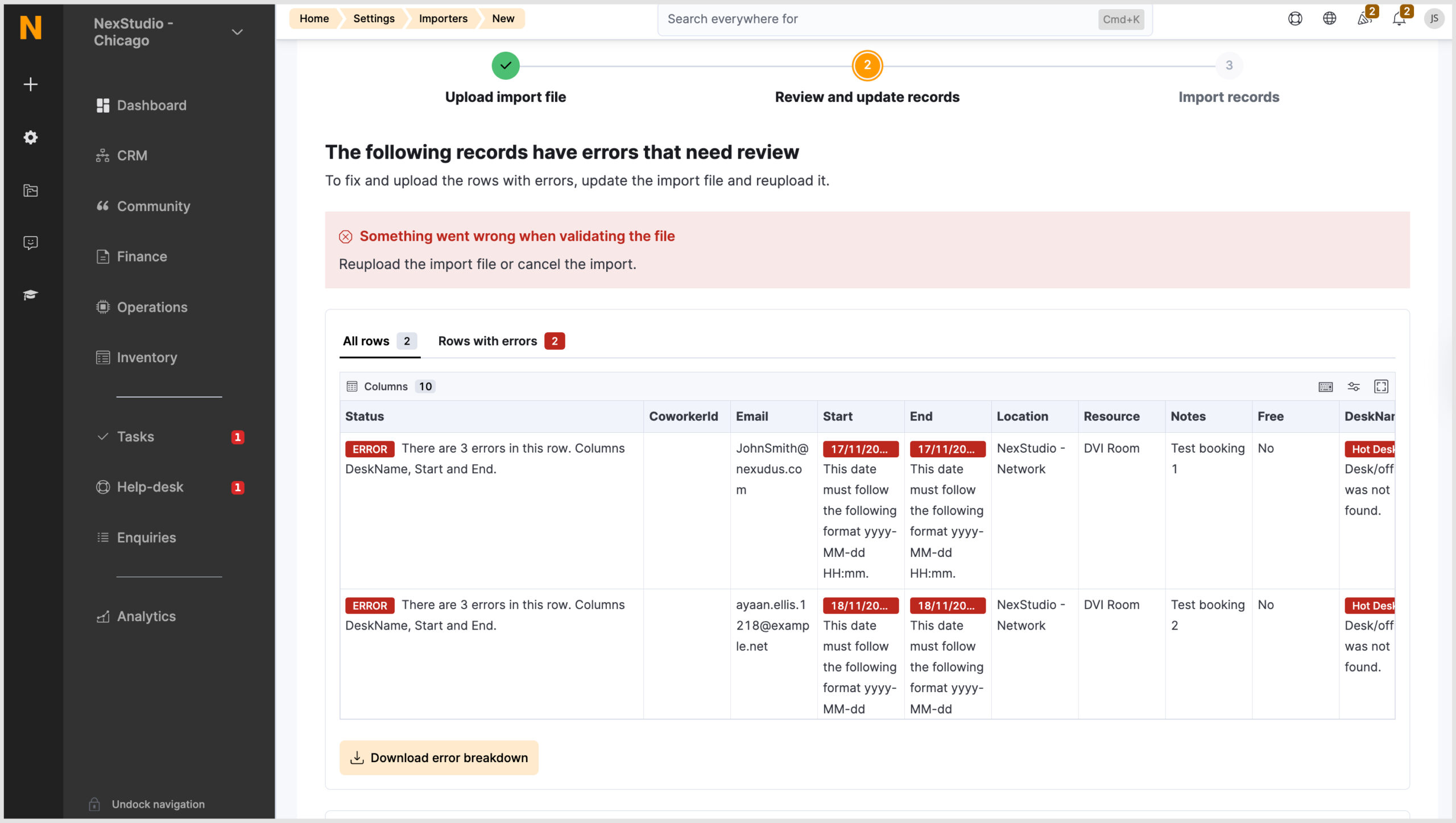 Bulk Import Tool - Example of errors
