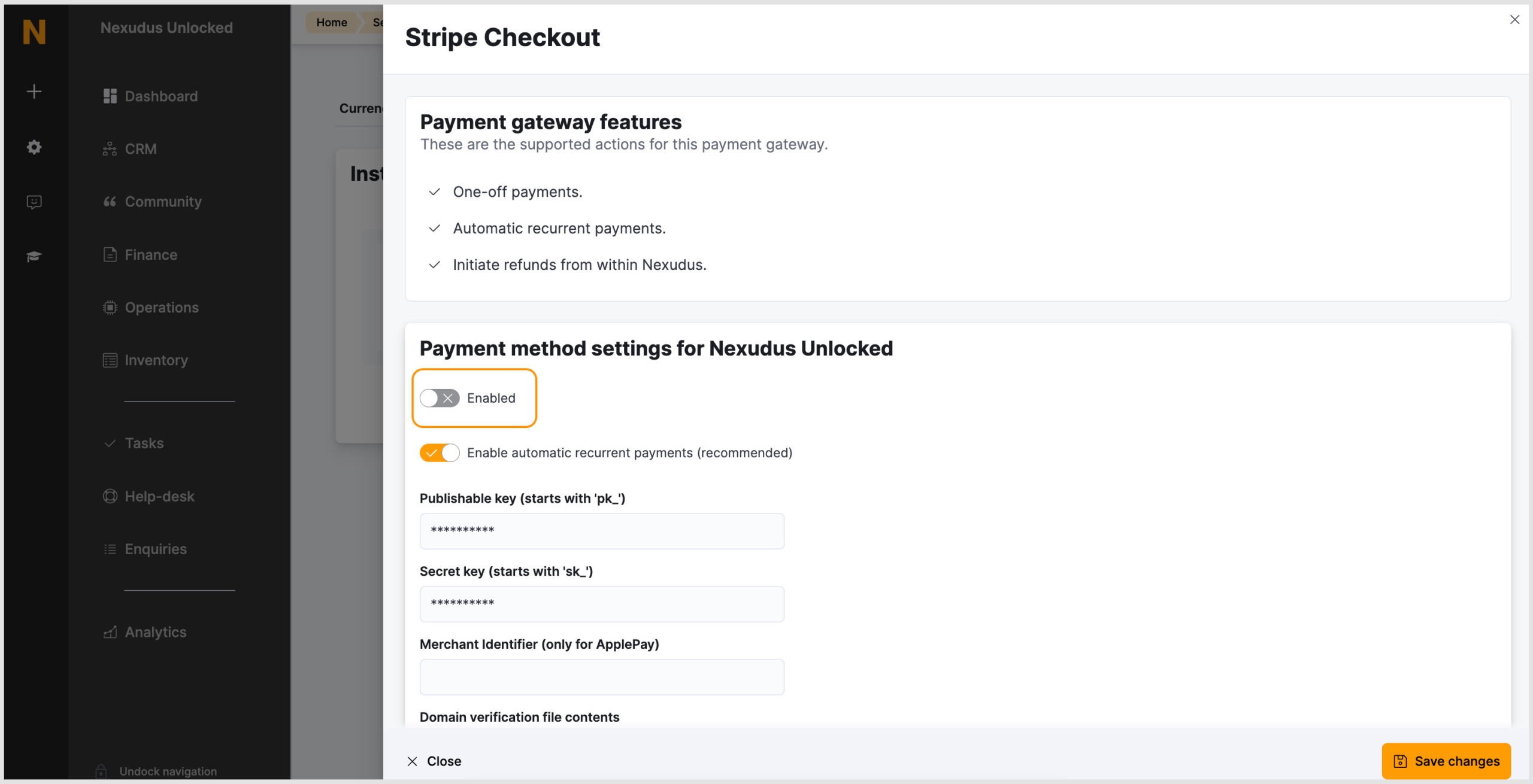 Disabling payment gateway in Nexudus: Admin Panel > Settings > Payment methods
