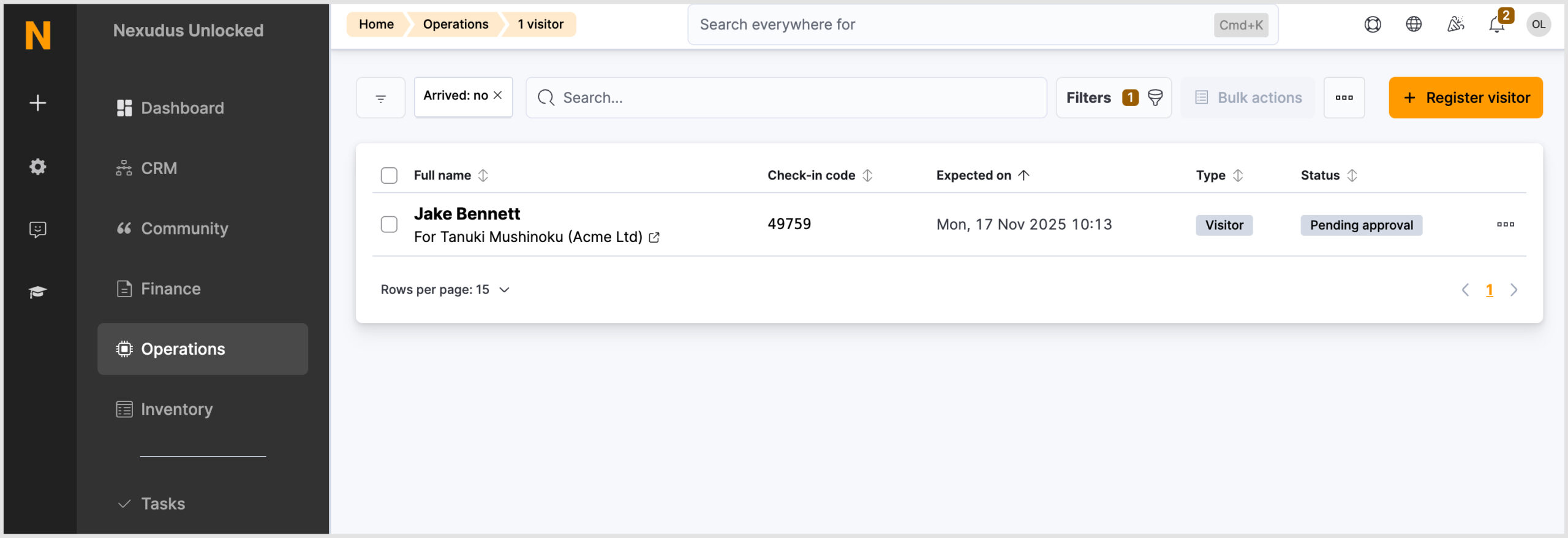 Nexudus Admin Panel > Operations Module > LIst of 'pending approval' visitors