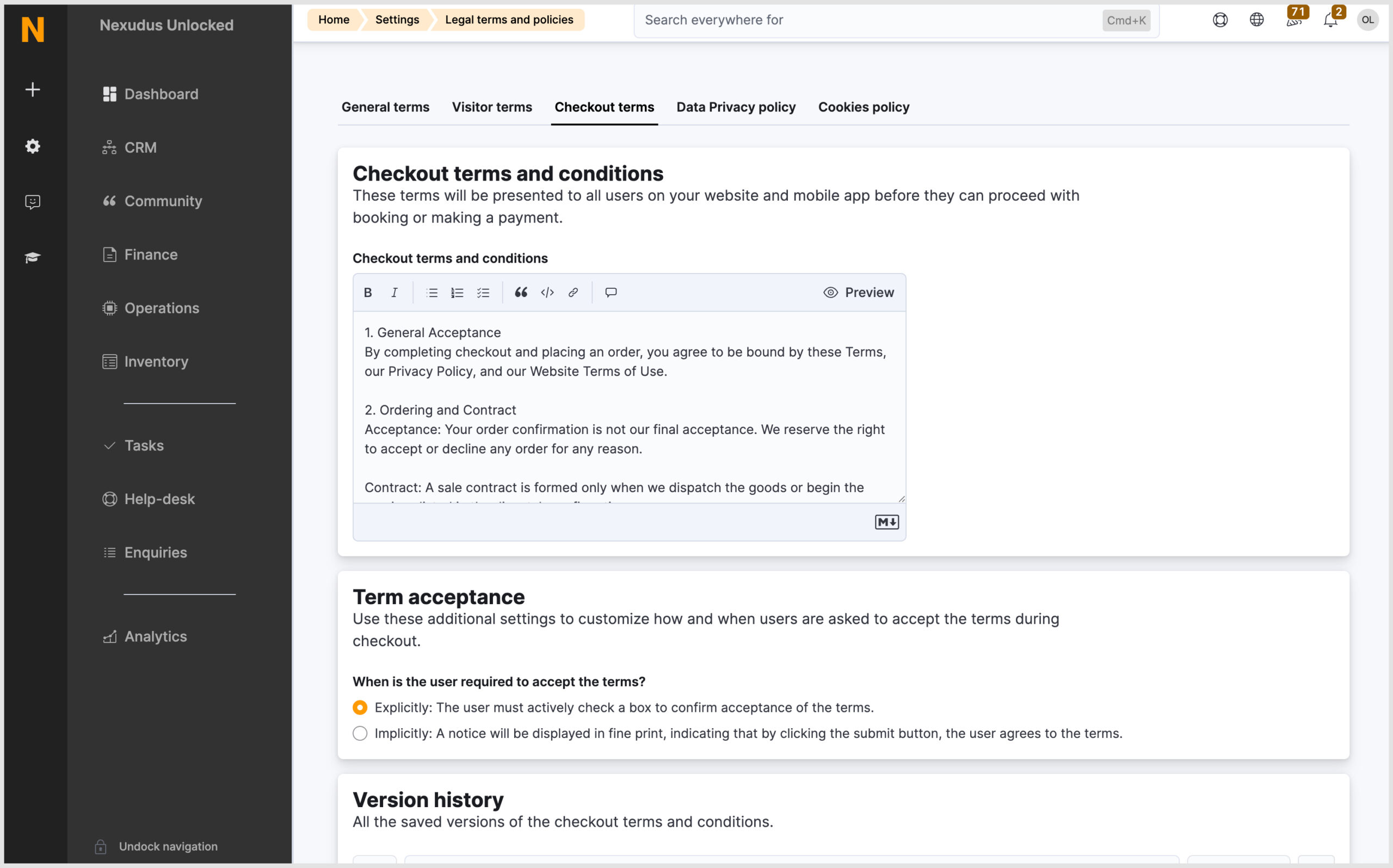 Nexudus Admin Panel > Settings > Legal terms and policies > Checkout term tab.
