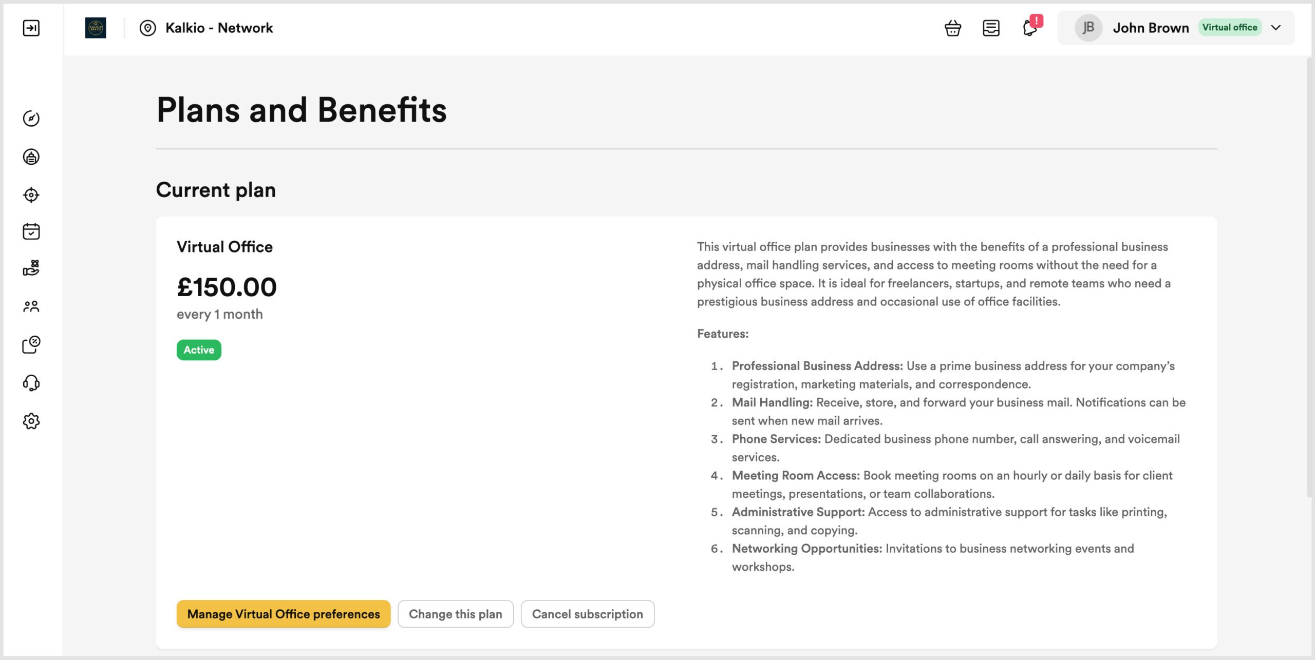 Nexudus Members Portal > Plans and Benefits section > Displays current Virtual Office Plan