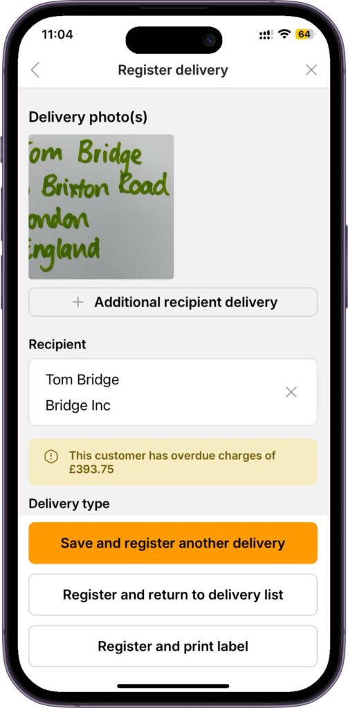 NexDelivery app displaying overdue charges when registering a delivery
