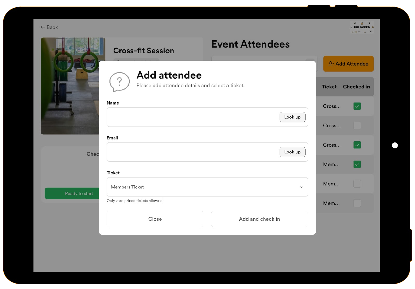 NexEvents hosted mode. Adding an event attendee screen