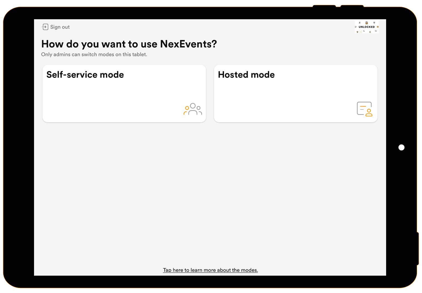 NexEvents mode selection screen
