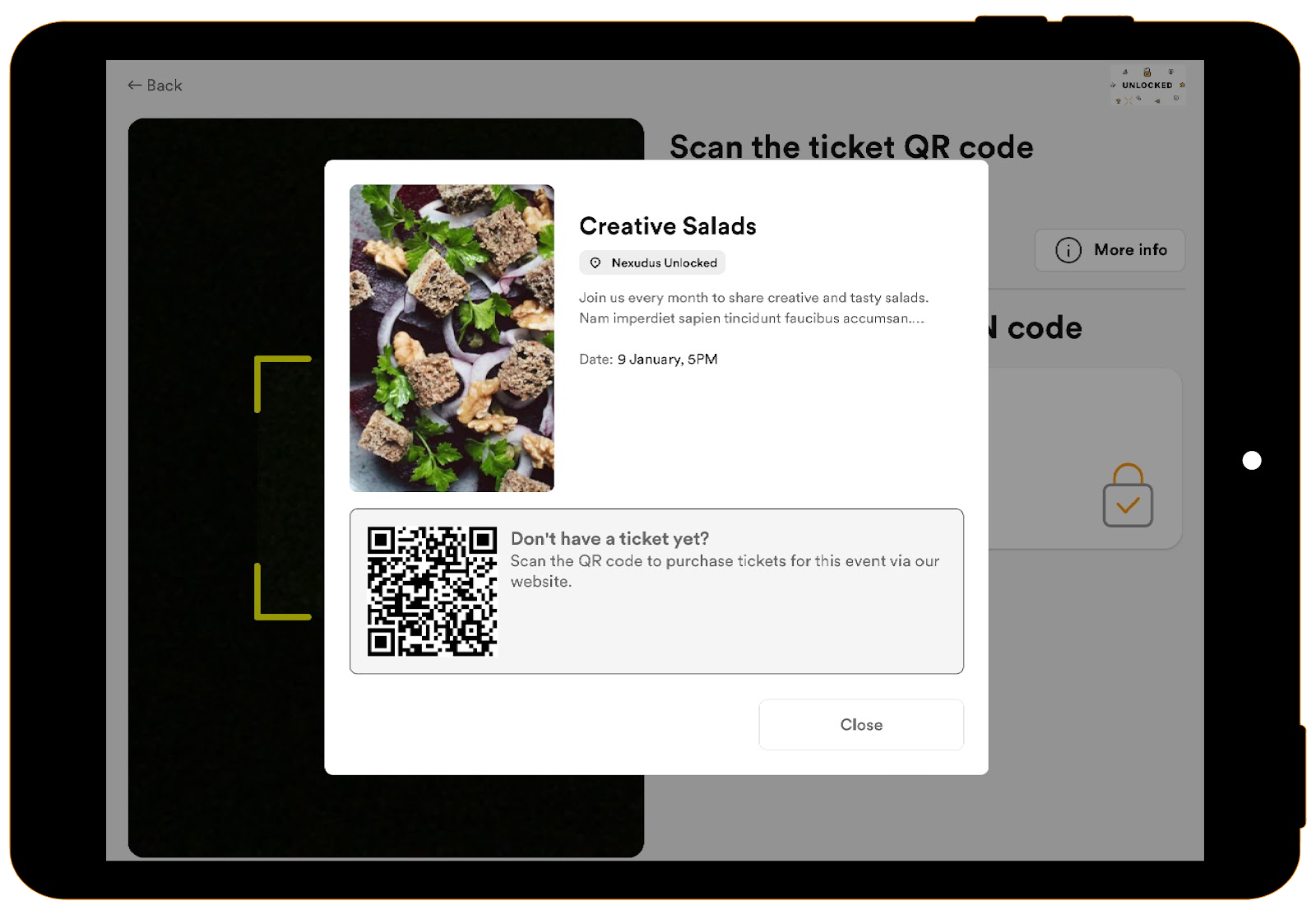 NexEvents in self-service mode with the event information displayed