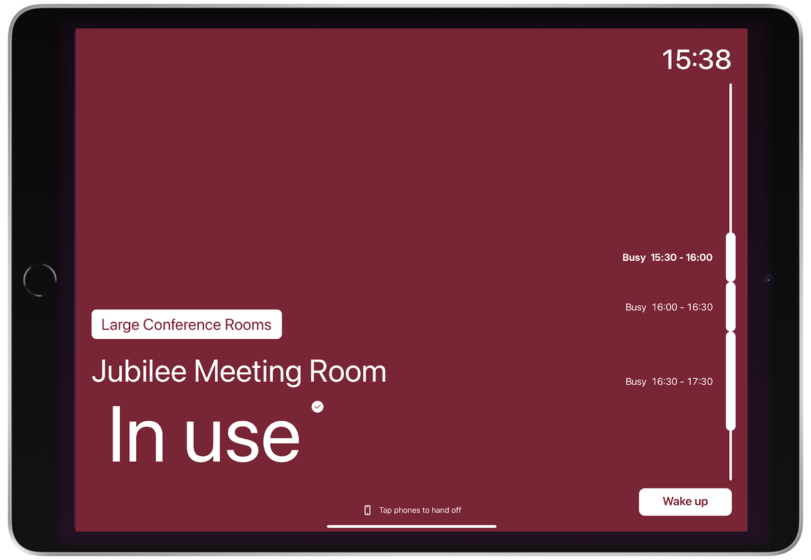 NexBoard software shown on a tablet with text 'meeting room in use'