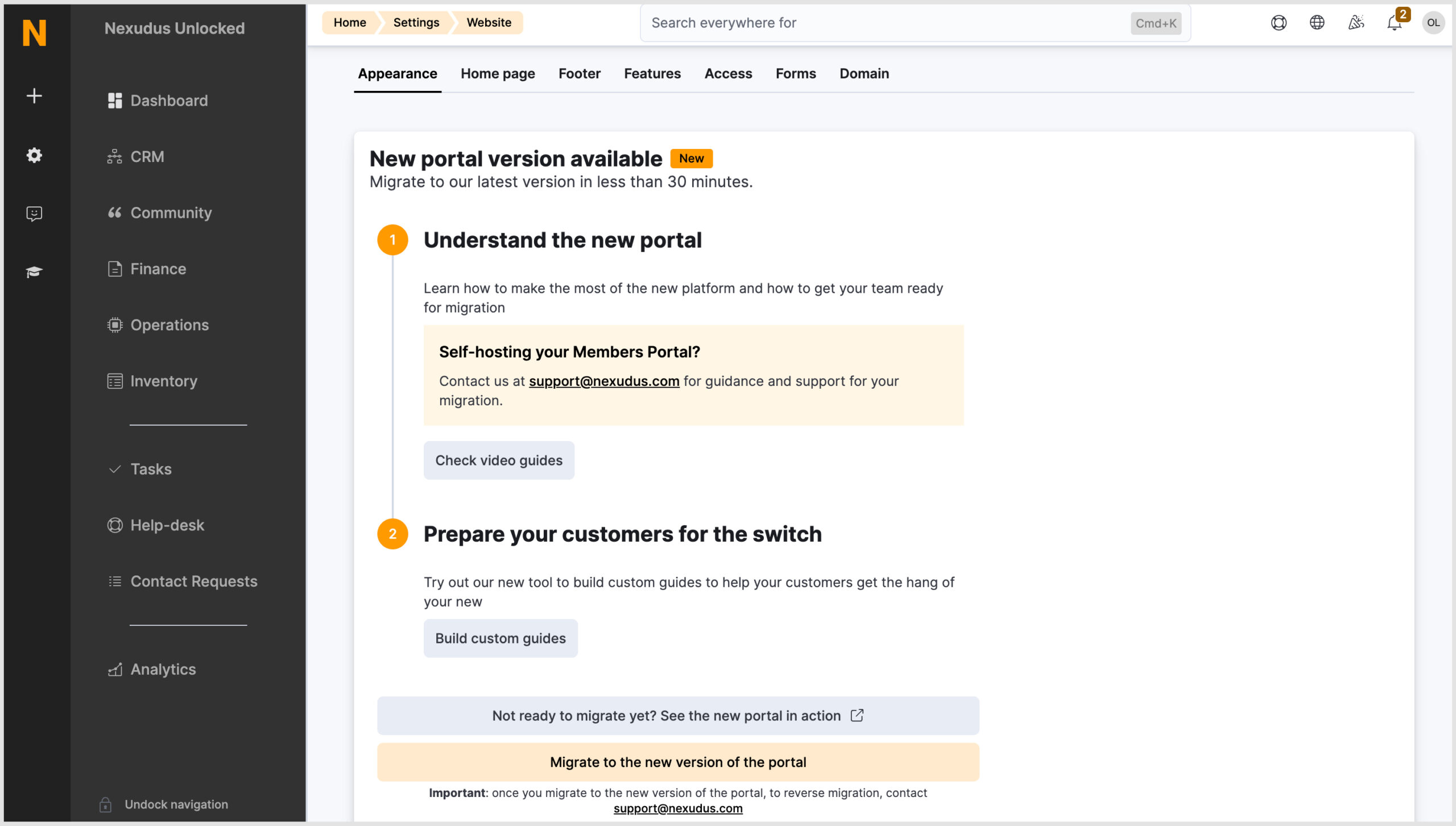 Admin Panel Settings > Website > Appearance tab