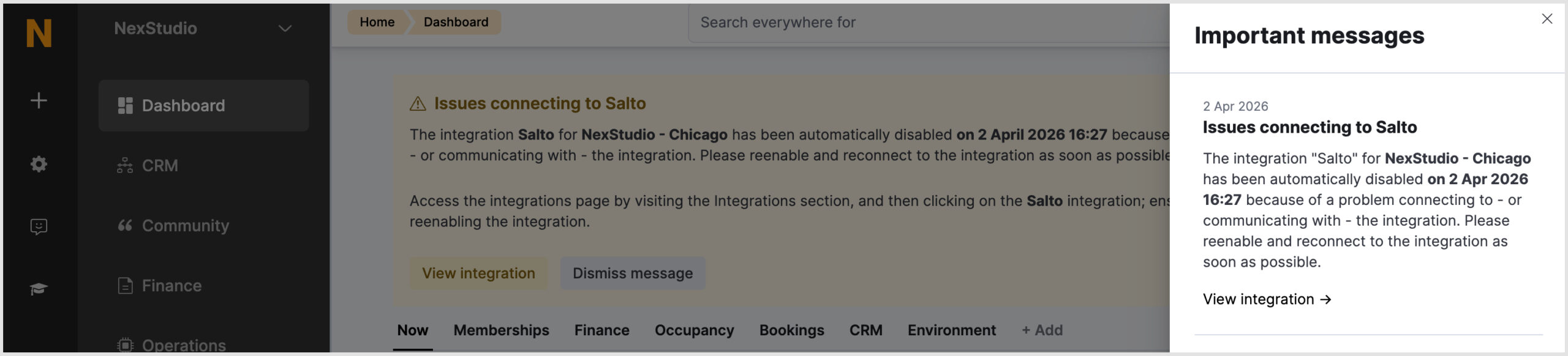 Salto disconnect alert notification in Important Messages