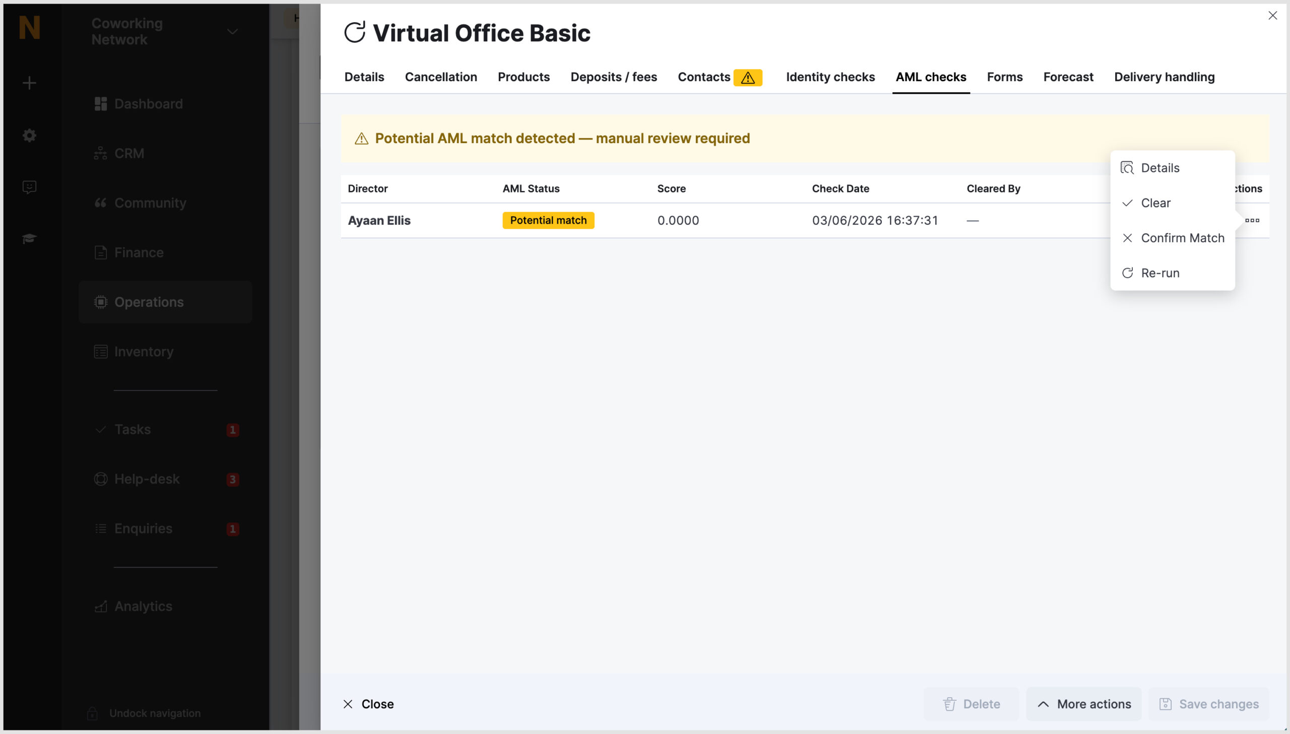 Admin Panel > Virtual Office Contract > AML checks tab