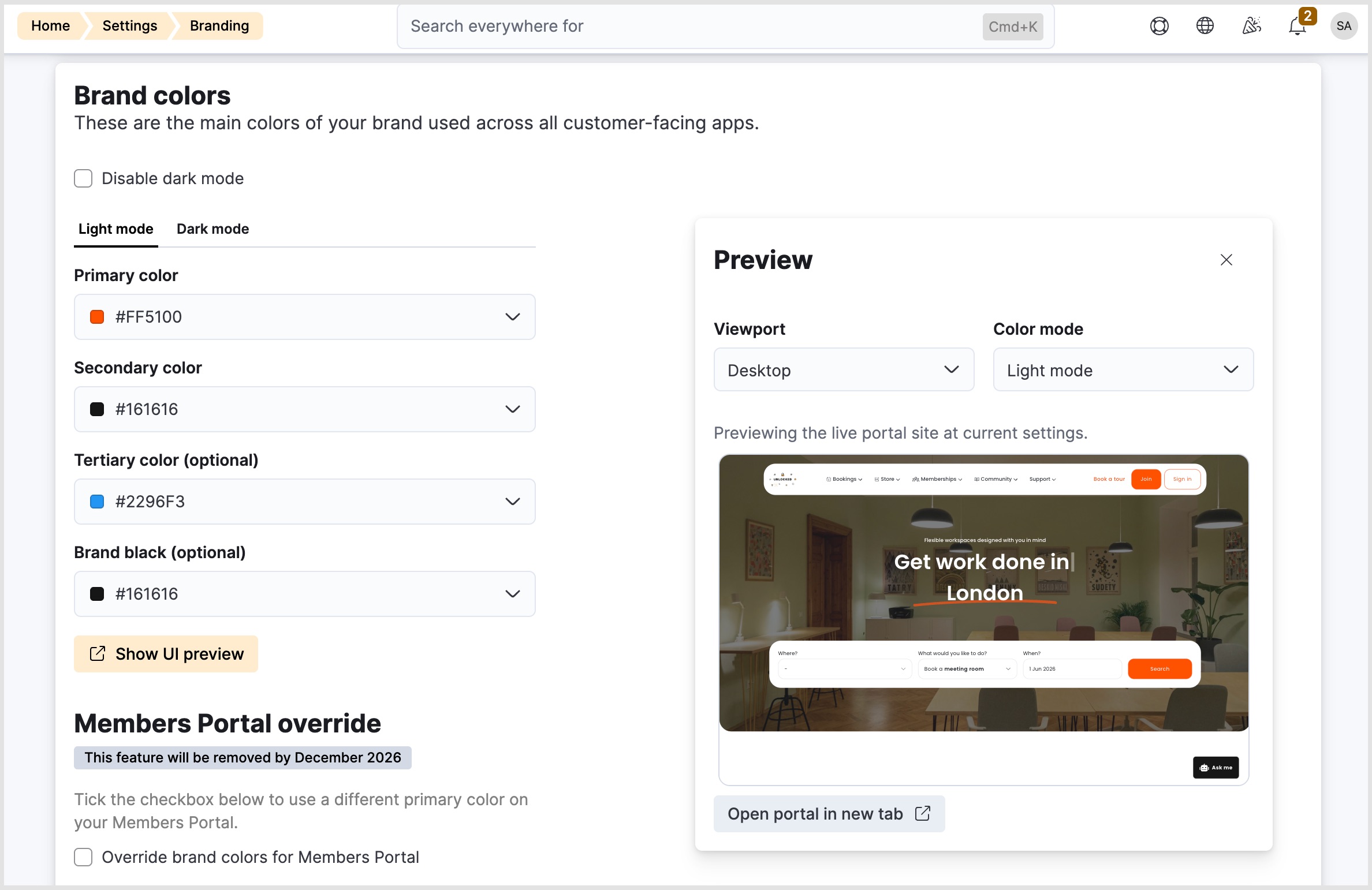 Preview of the brand colours in Settings > Branding