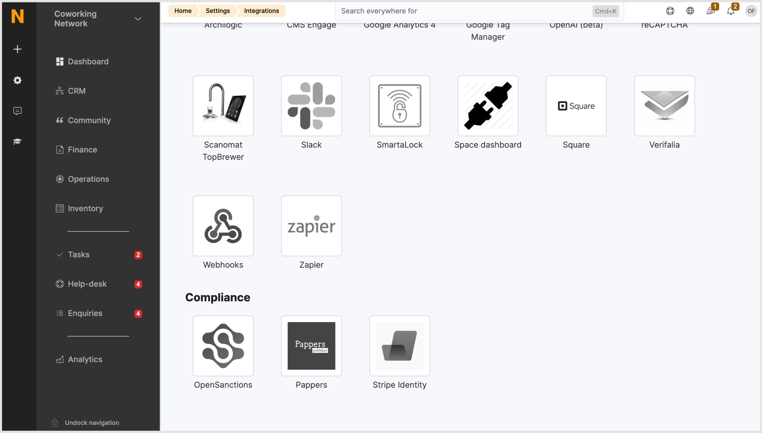 Admin Panel > Settings > Integrations > Compliance section