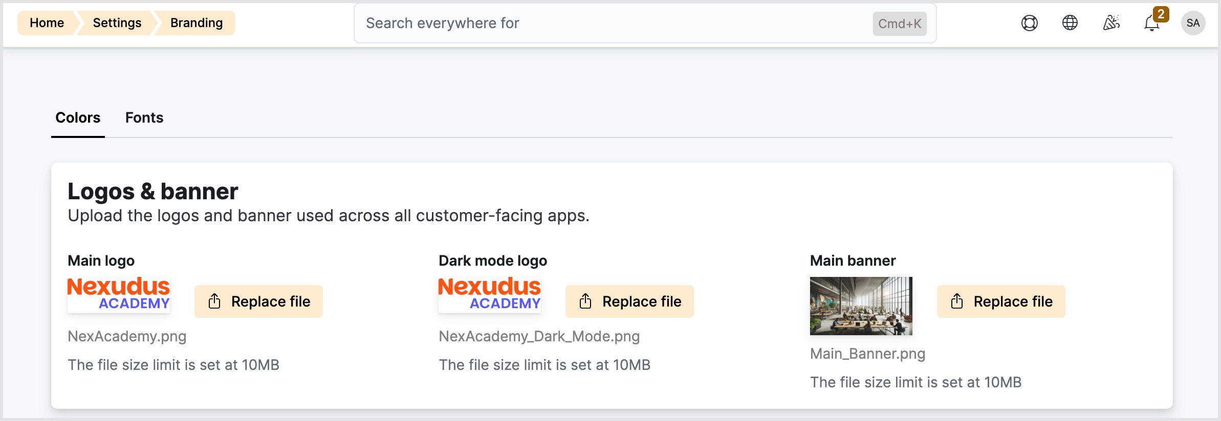 Admin Panel > Settings > Branding > Logos & banner