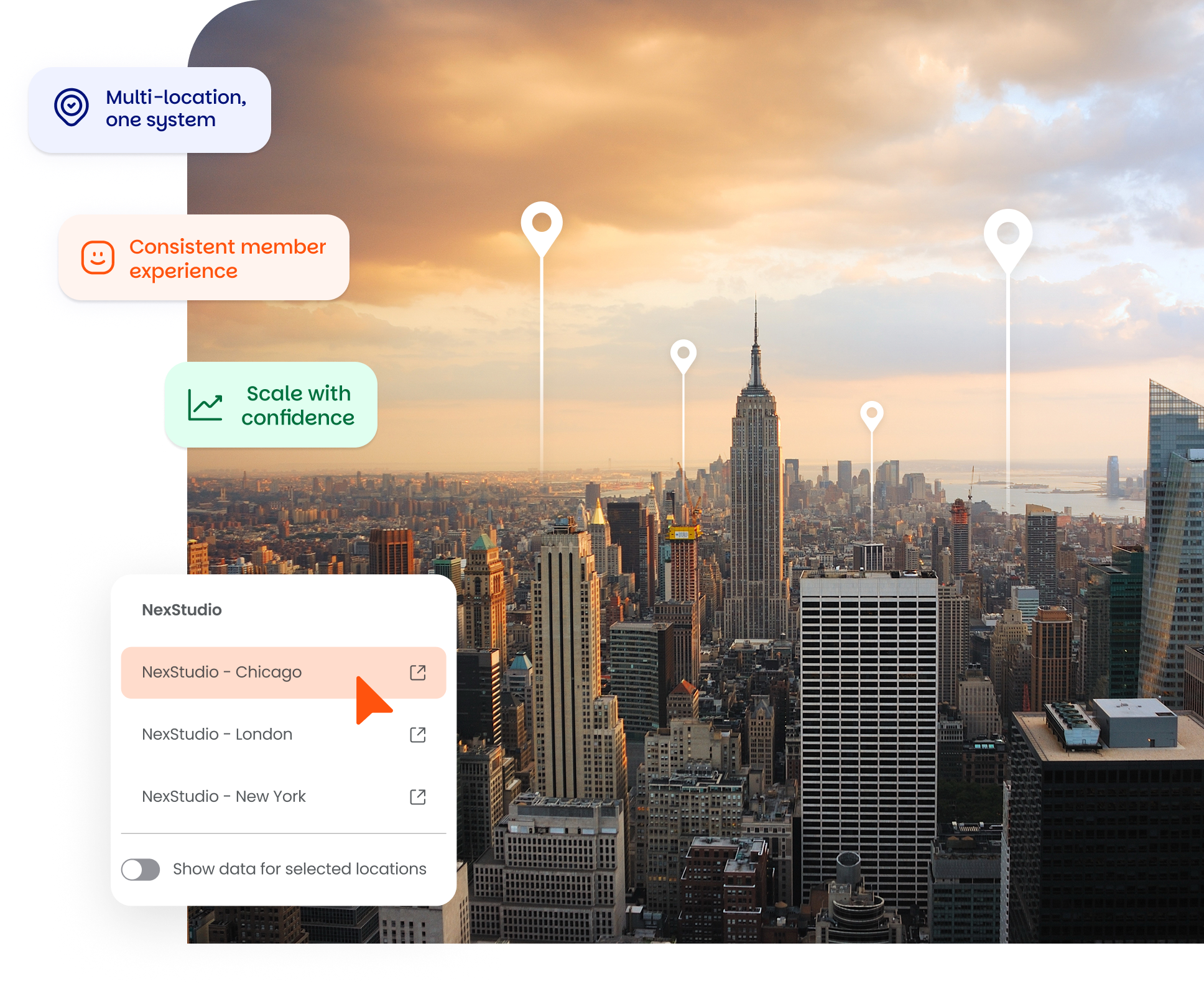Image of city skyline with location pins