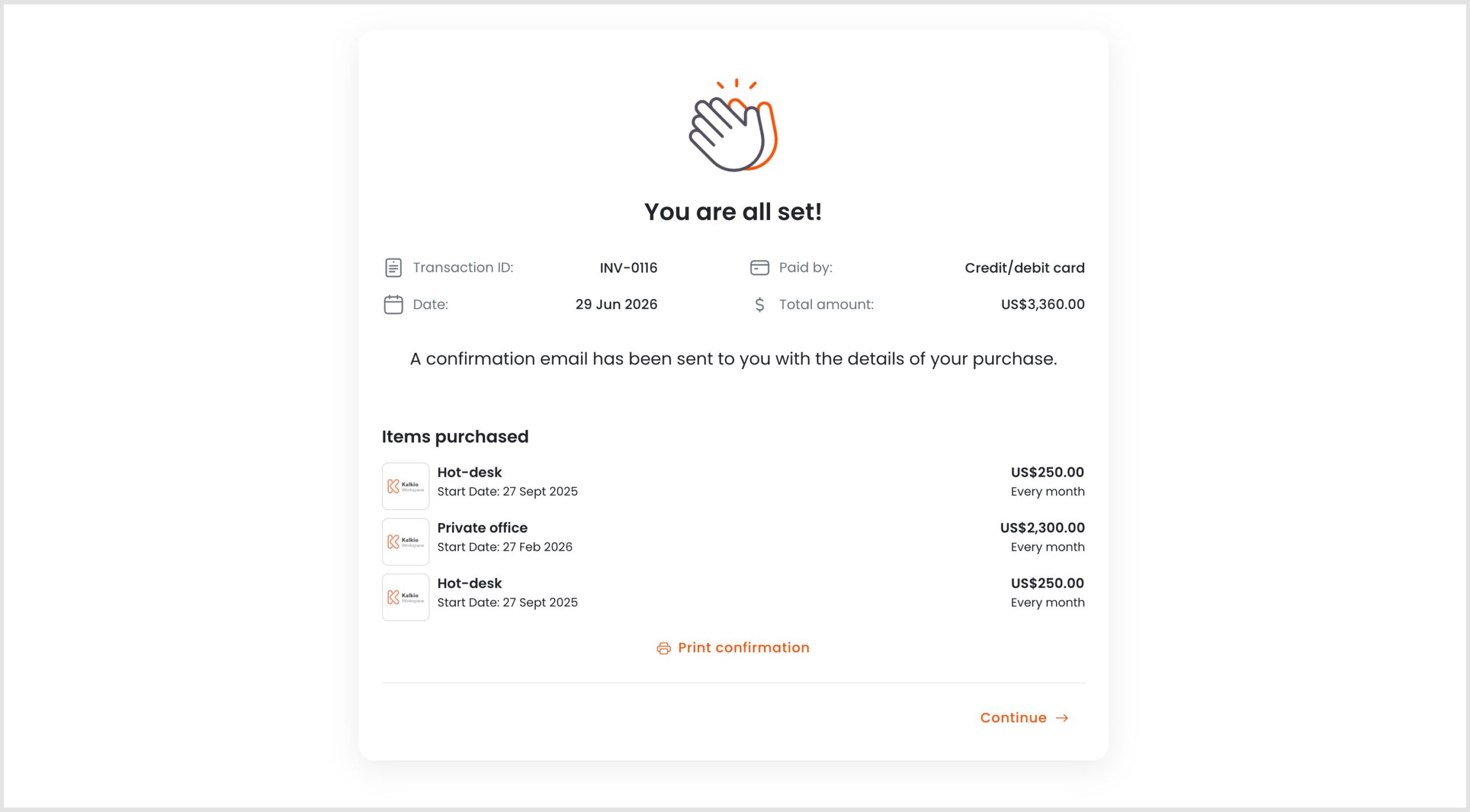 Members Portal Payment Confirmation screen