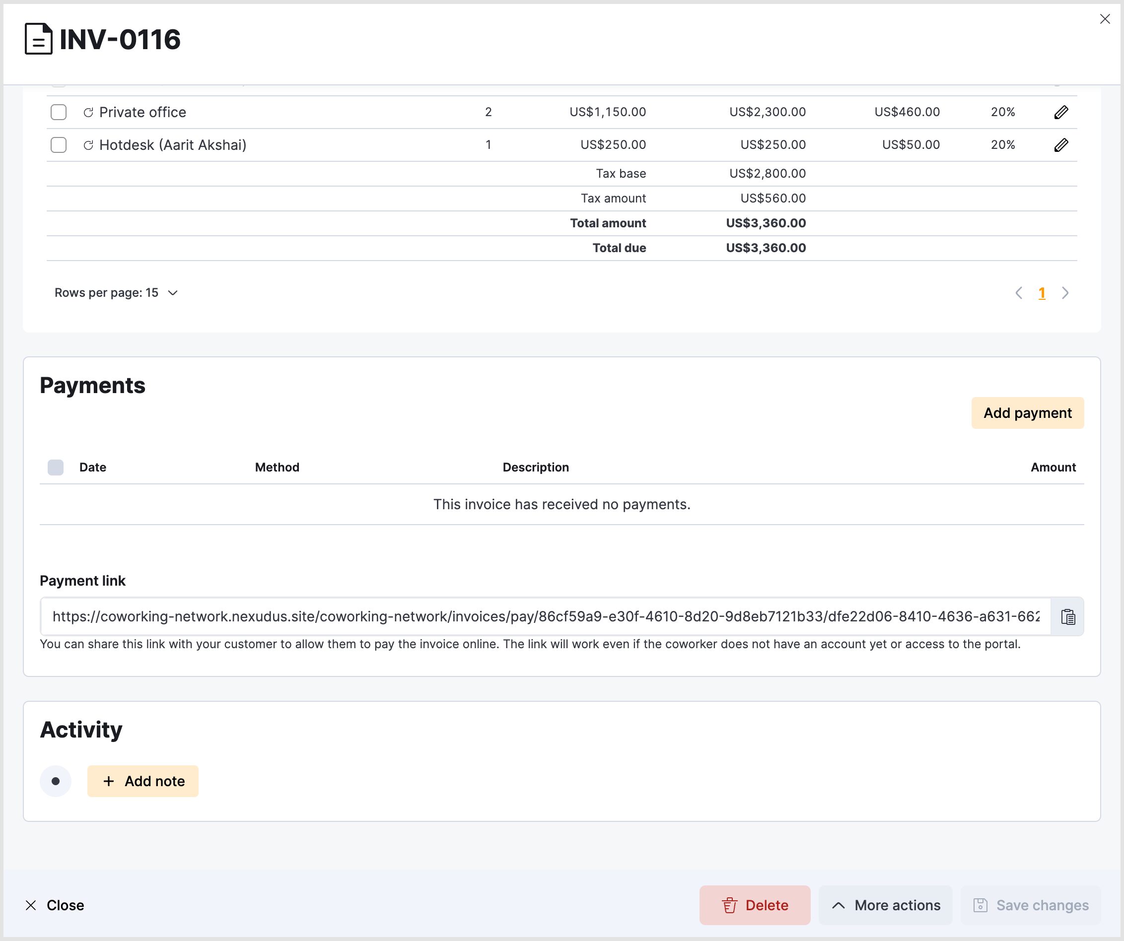 An invoice in the Admin Panel. Within the Payments section is the Payment link.
