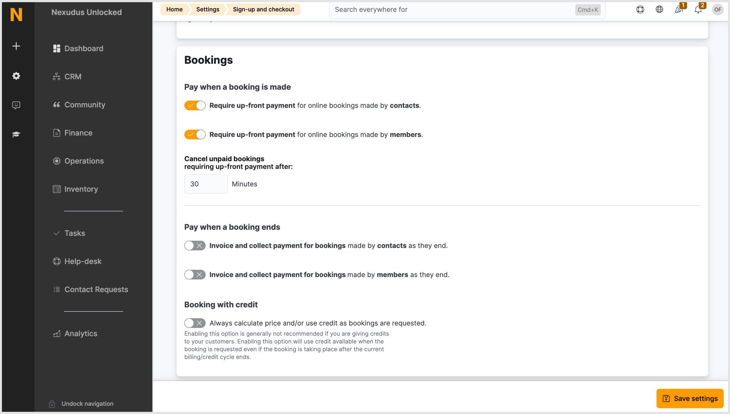 Admin Panel > Settings > Sign-up and Checkout > Require upfront payment settings are enabled