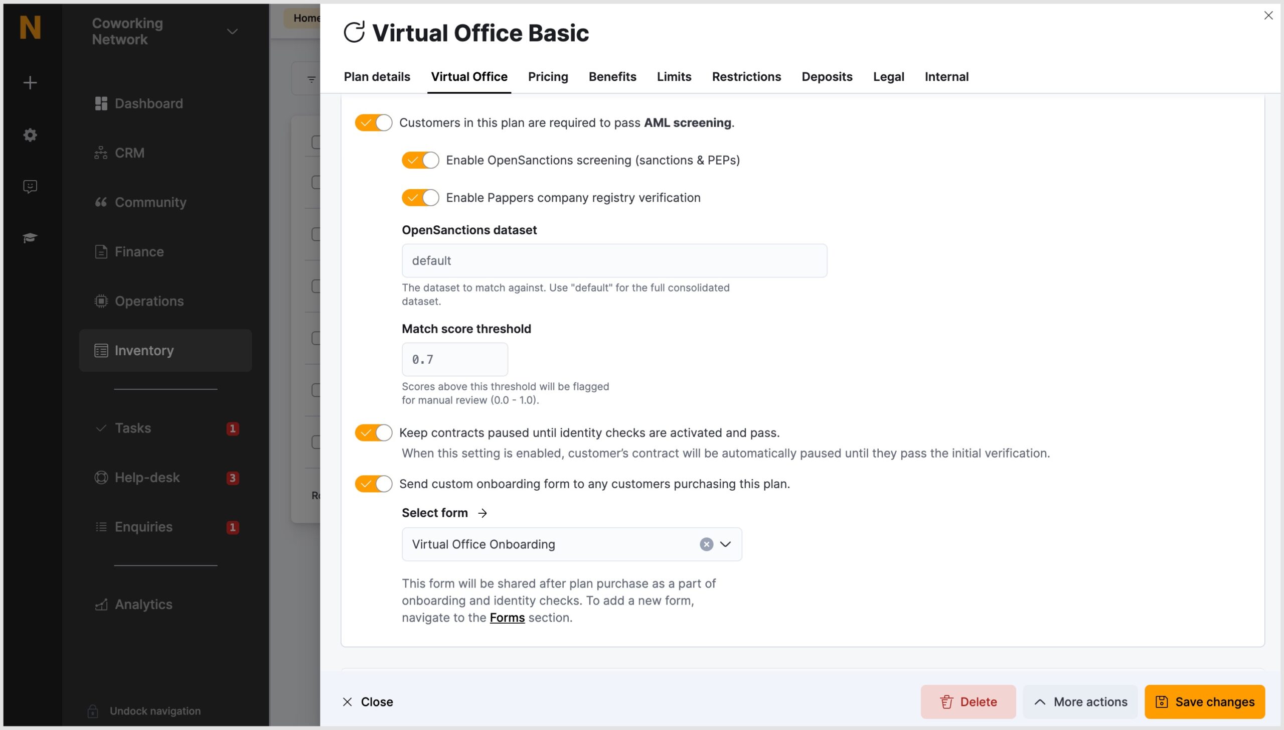 Admin Panel > Virtual Office Plan > Virtual Office tab > AML settings