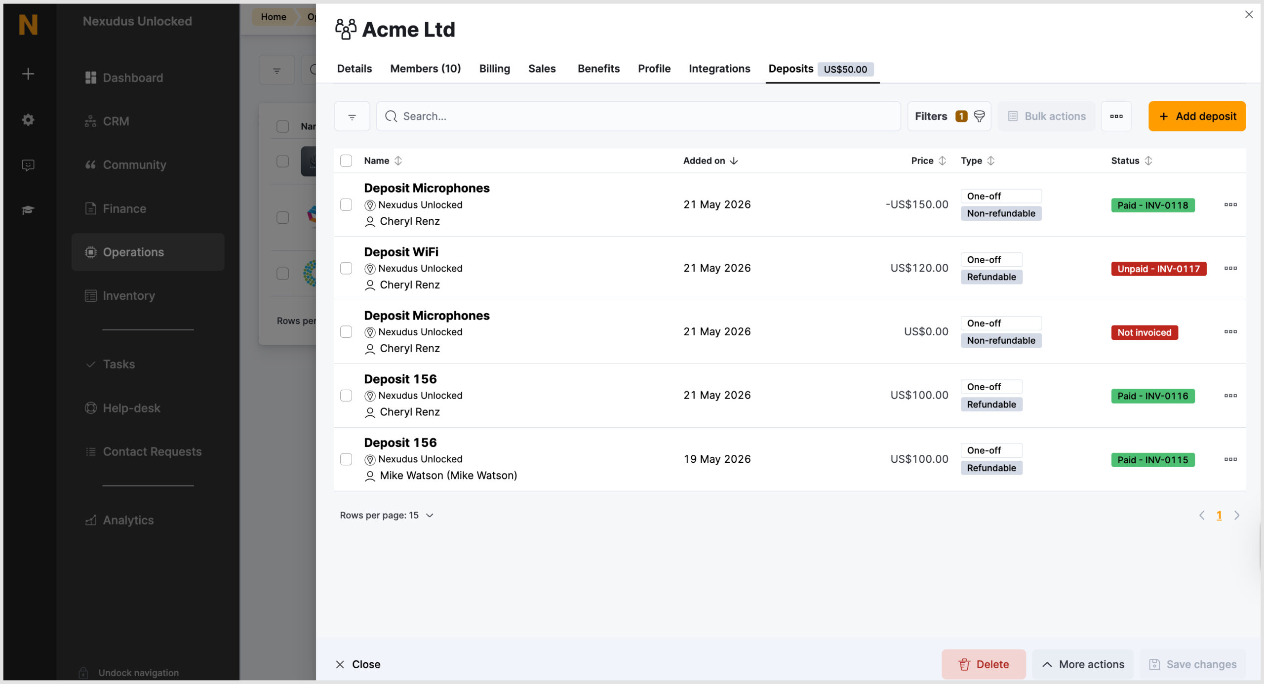 Deposit Tab in the Team record