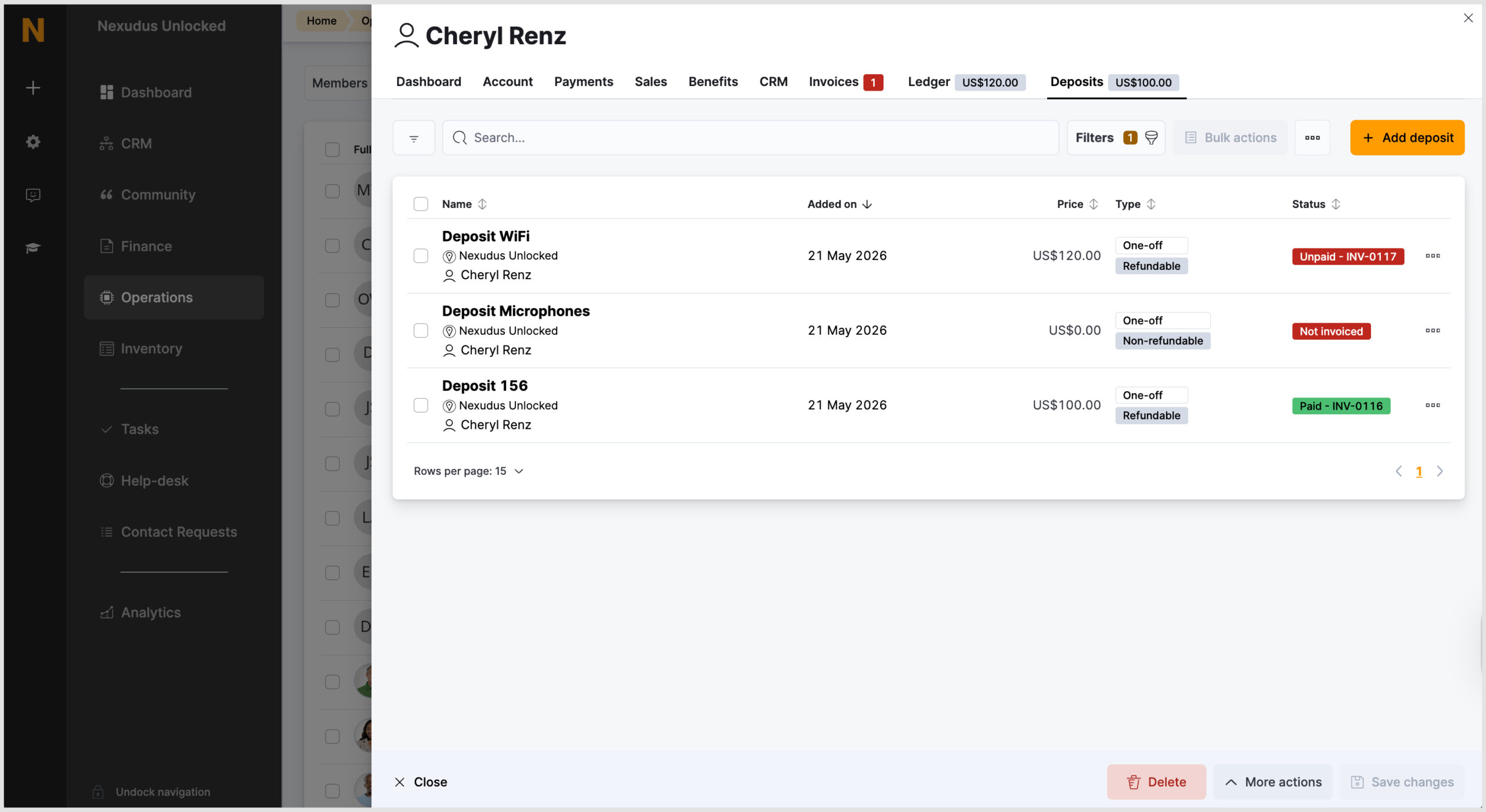 Deposit Tab in customer account