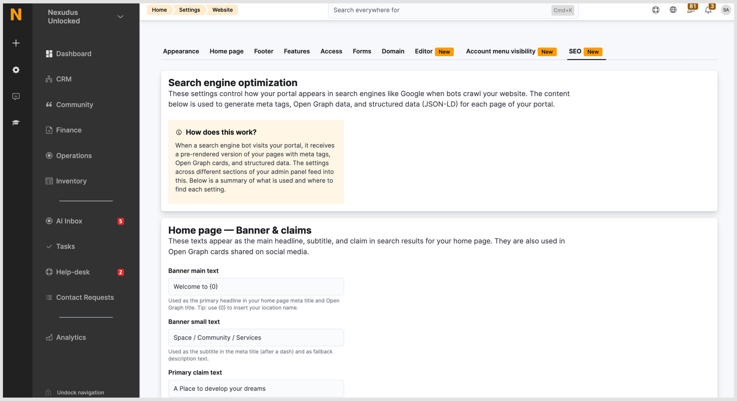 SEO Admin panel settings