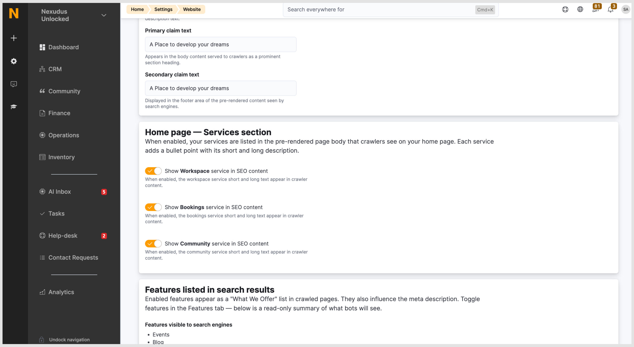 SEO Admin panel settings