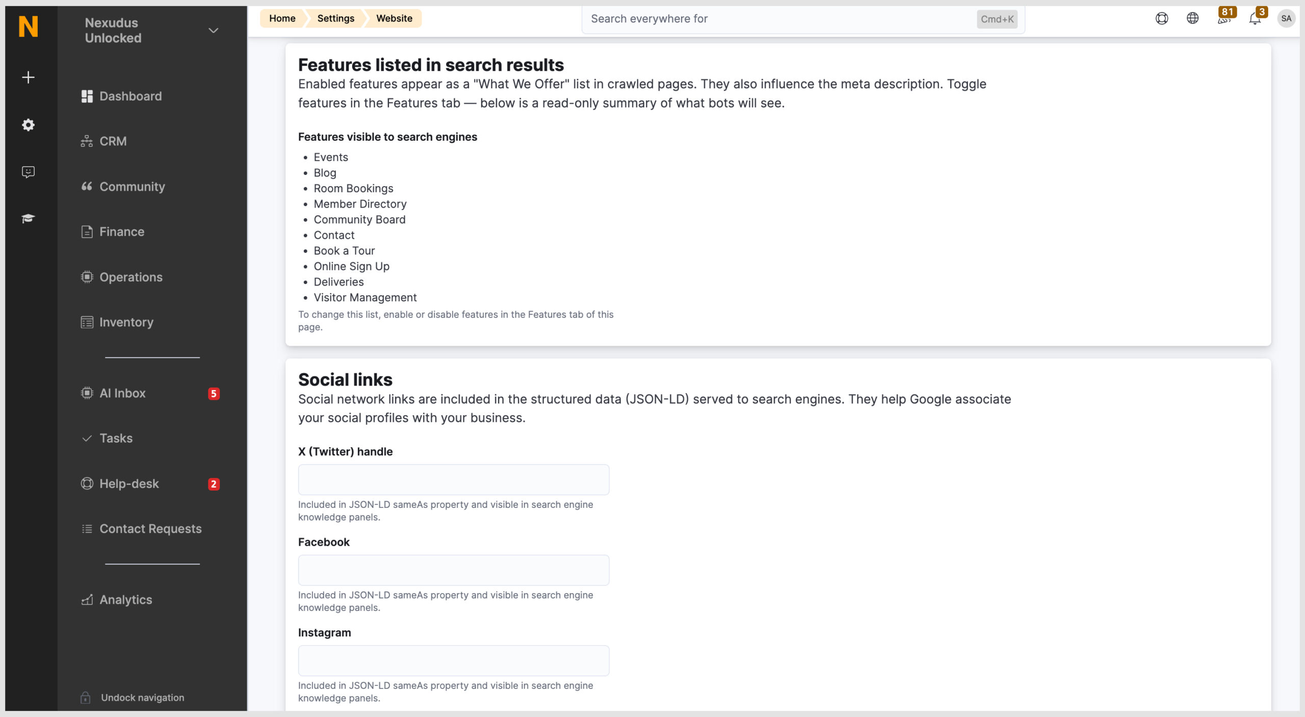 SEO Admin panel settings