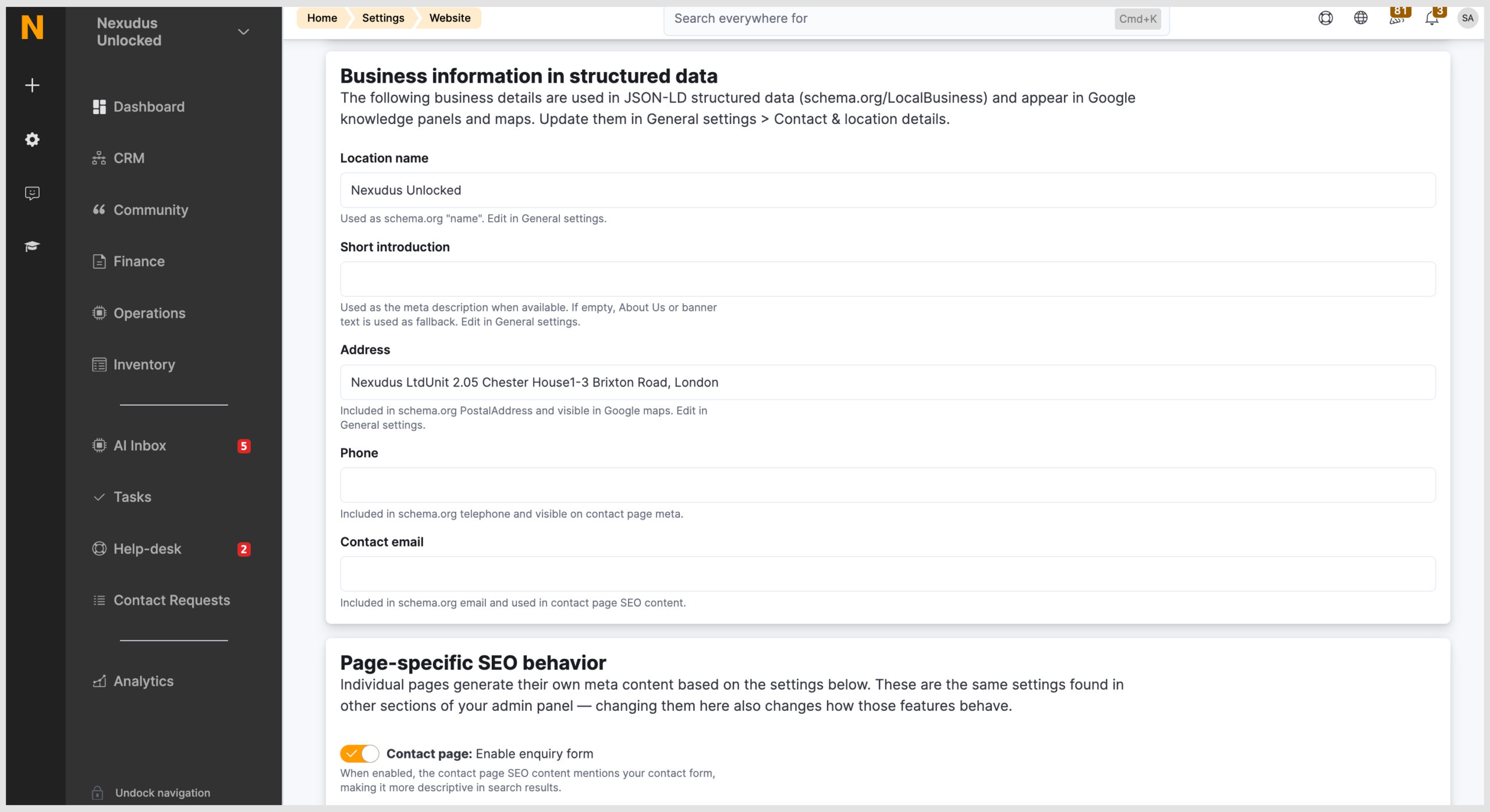 SEO Admin panel settings