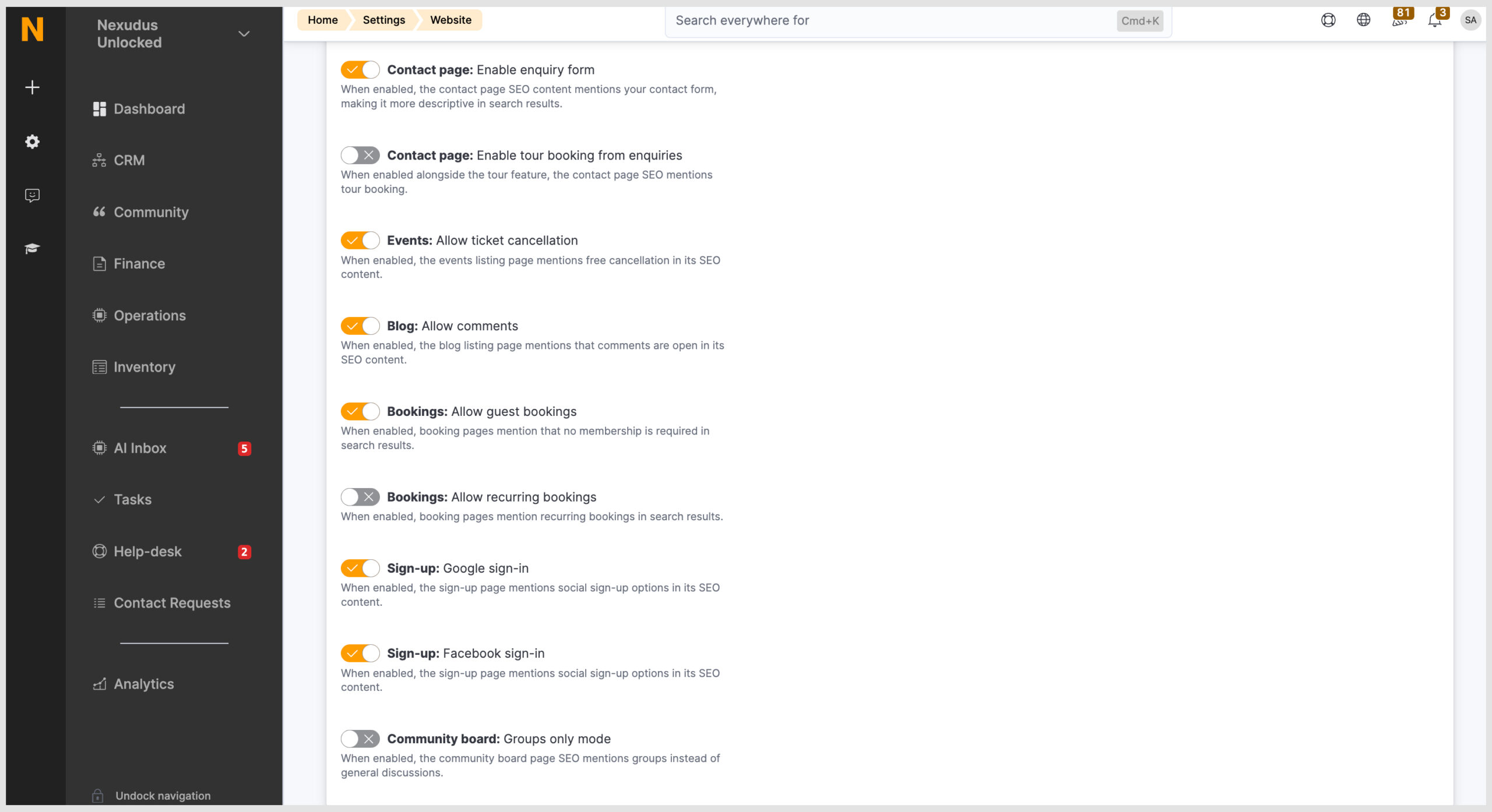 SEO Admin panel settings